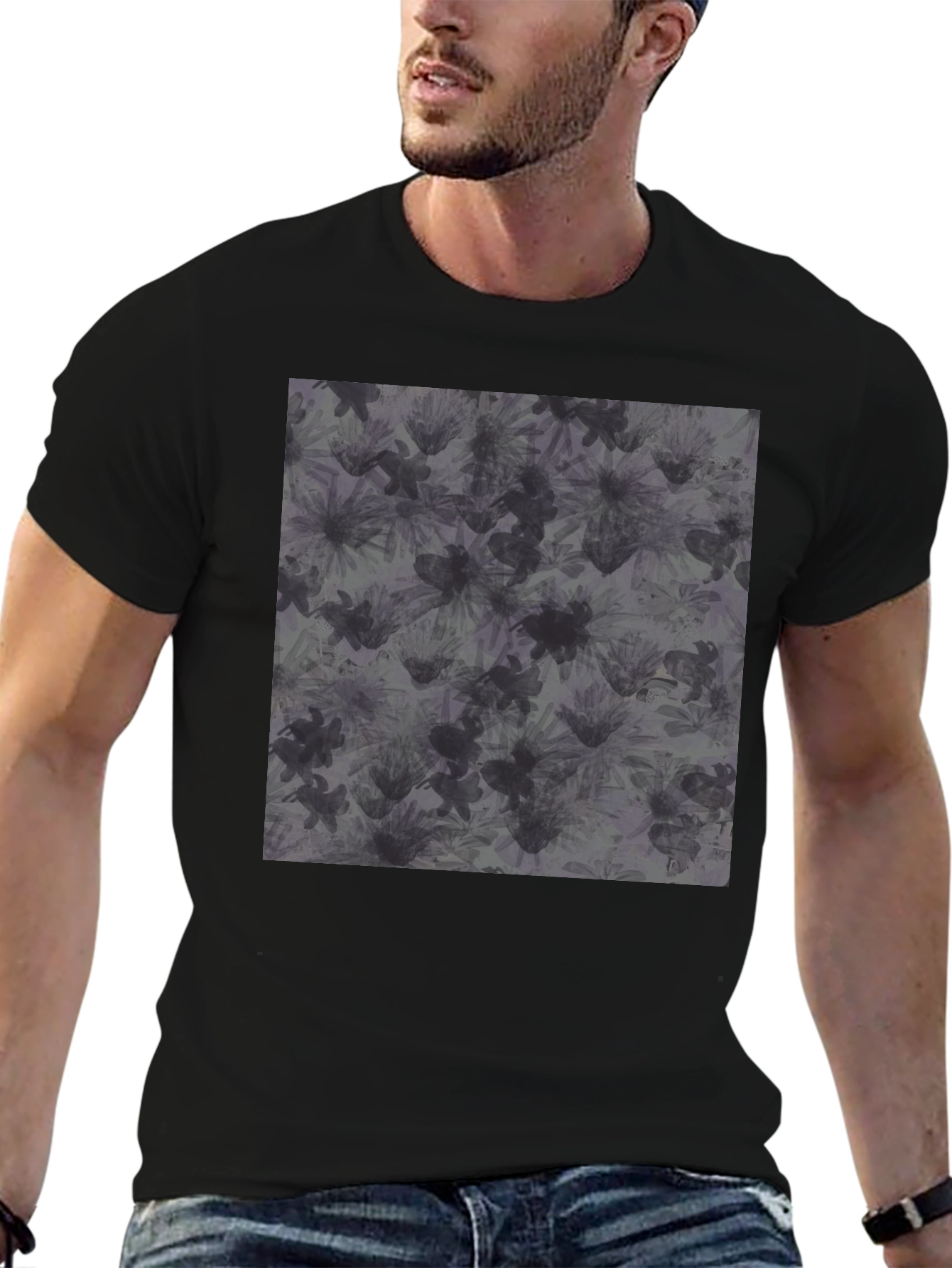 Abstract Floral Print Black T-Shirt