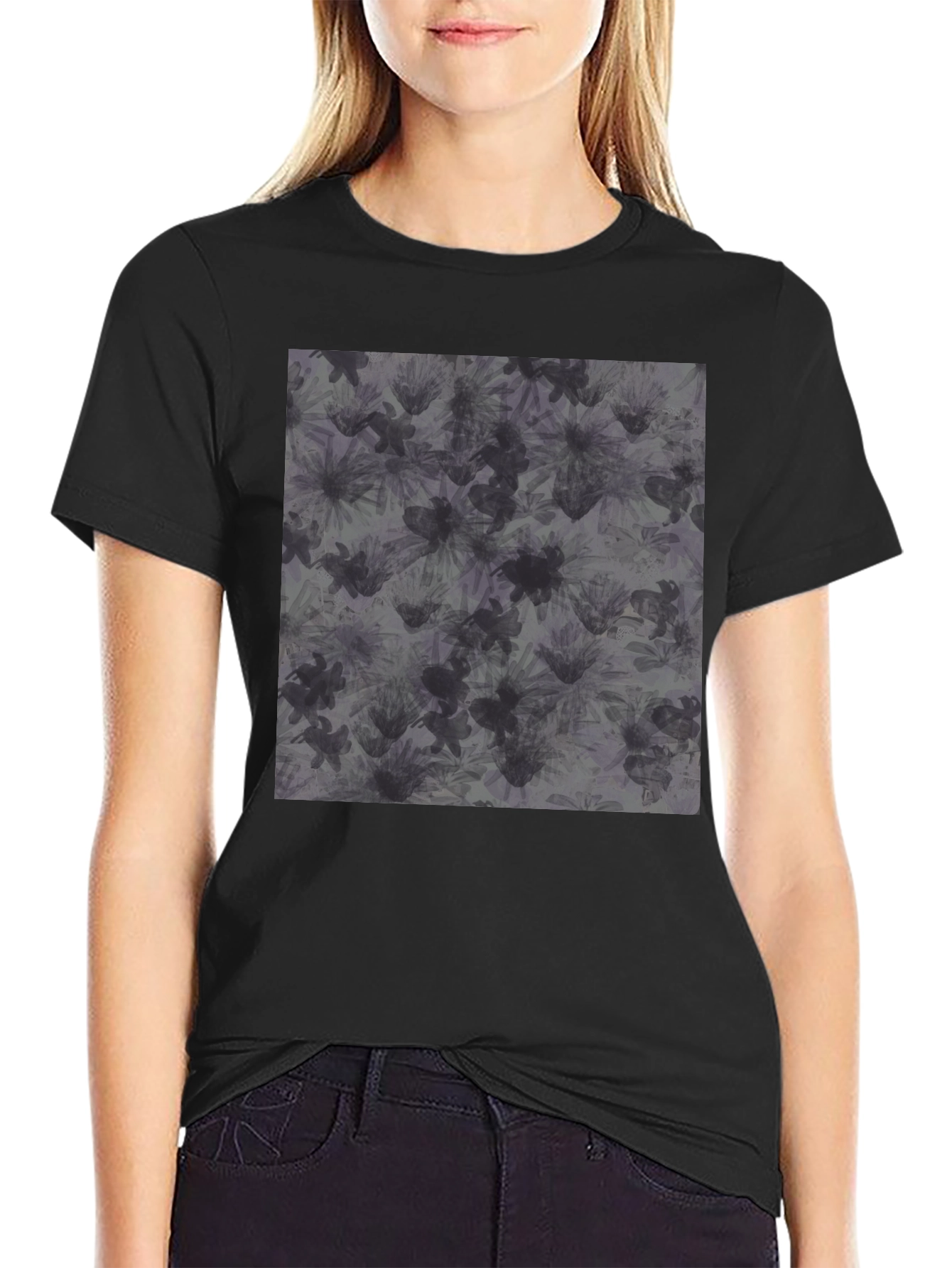 Abstract Floral Print Black T-Shirt