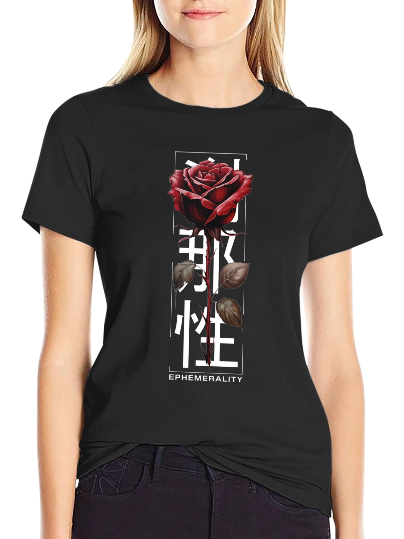 Rose & Japanese Text Graphic T-Shirt