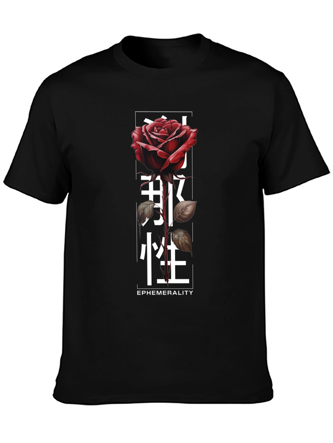Rose & Japanese Text Graphic T-Shirt