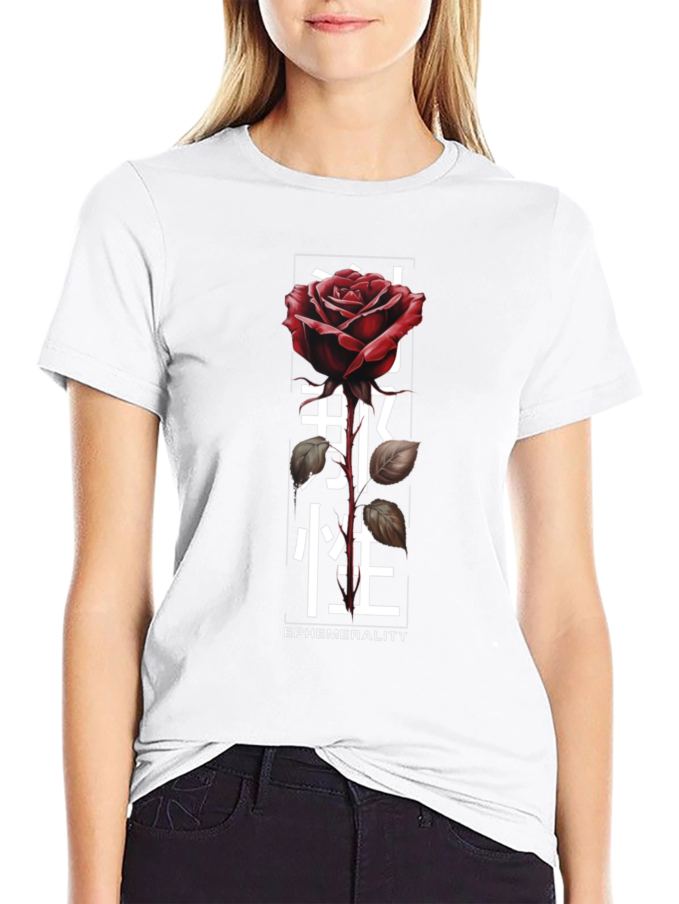 Rose & Japanese Text Graphic T-Shirt