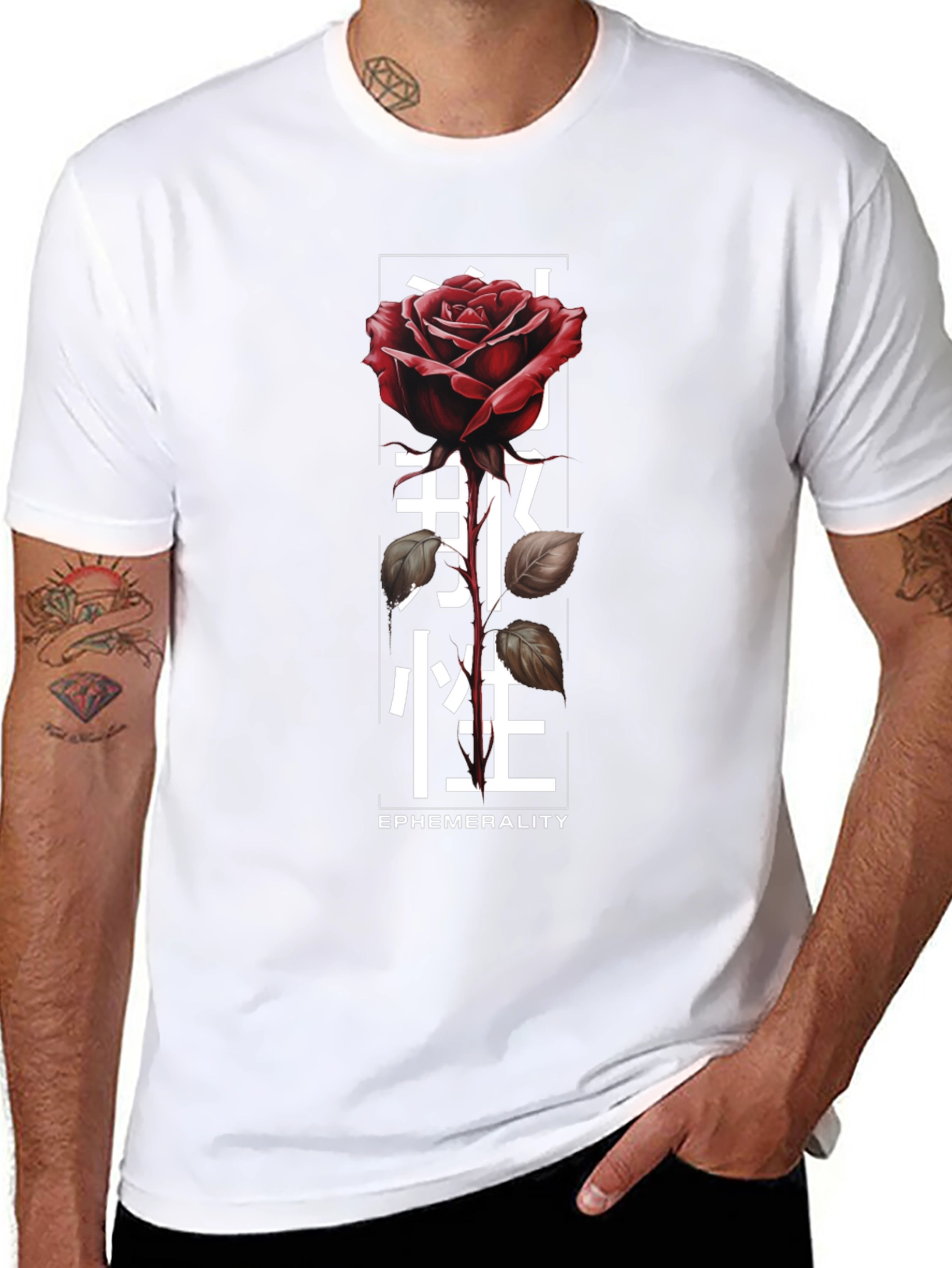 Rose & Japanese Text Graphic T-Shirt