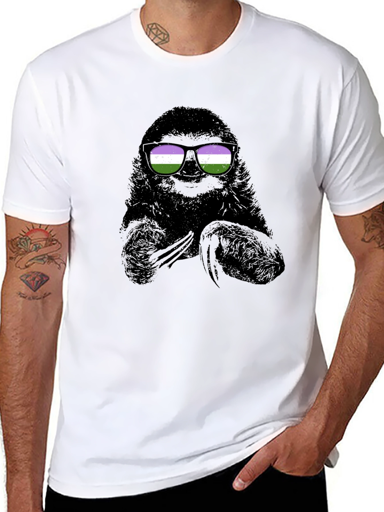 Sloth Wearing Genderqueer Pride Sunglasses T-Shirt