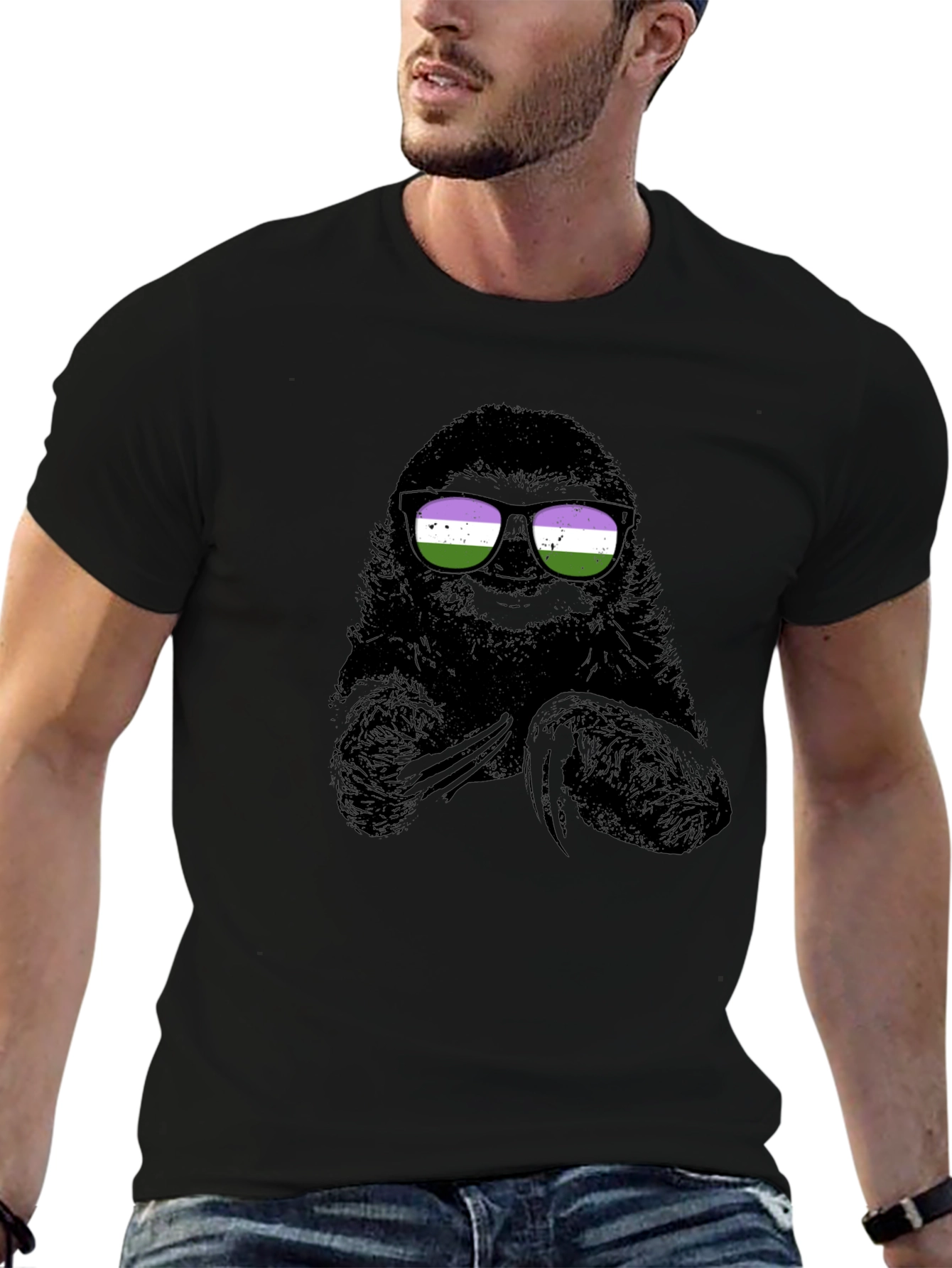 Sloth Wearing Genderqueer Pride Sunglasses T-Shirt