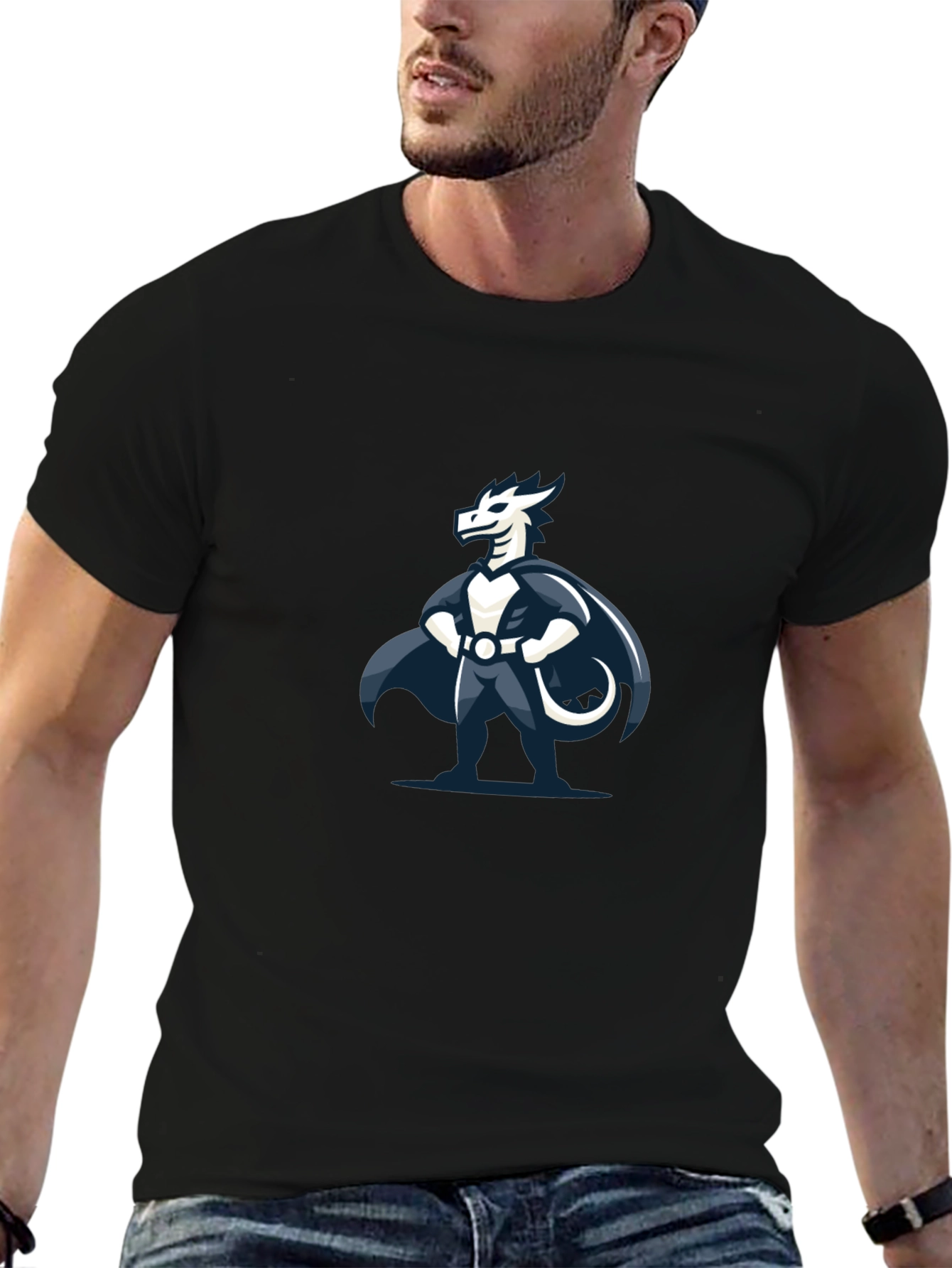 Black T-Shirt with Dragon Superhero Graphic