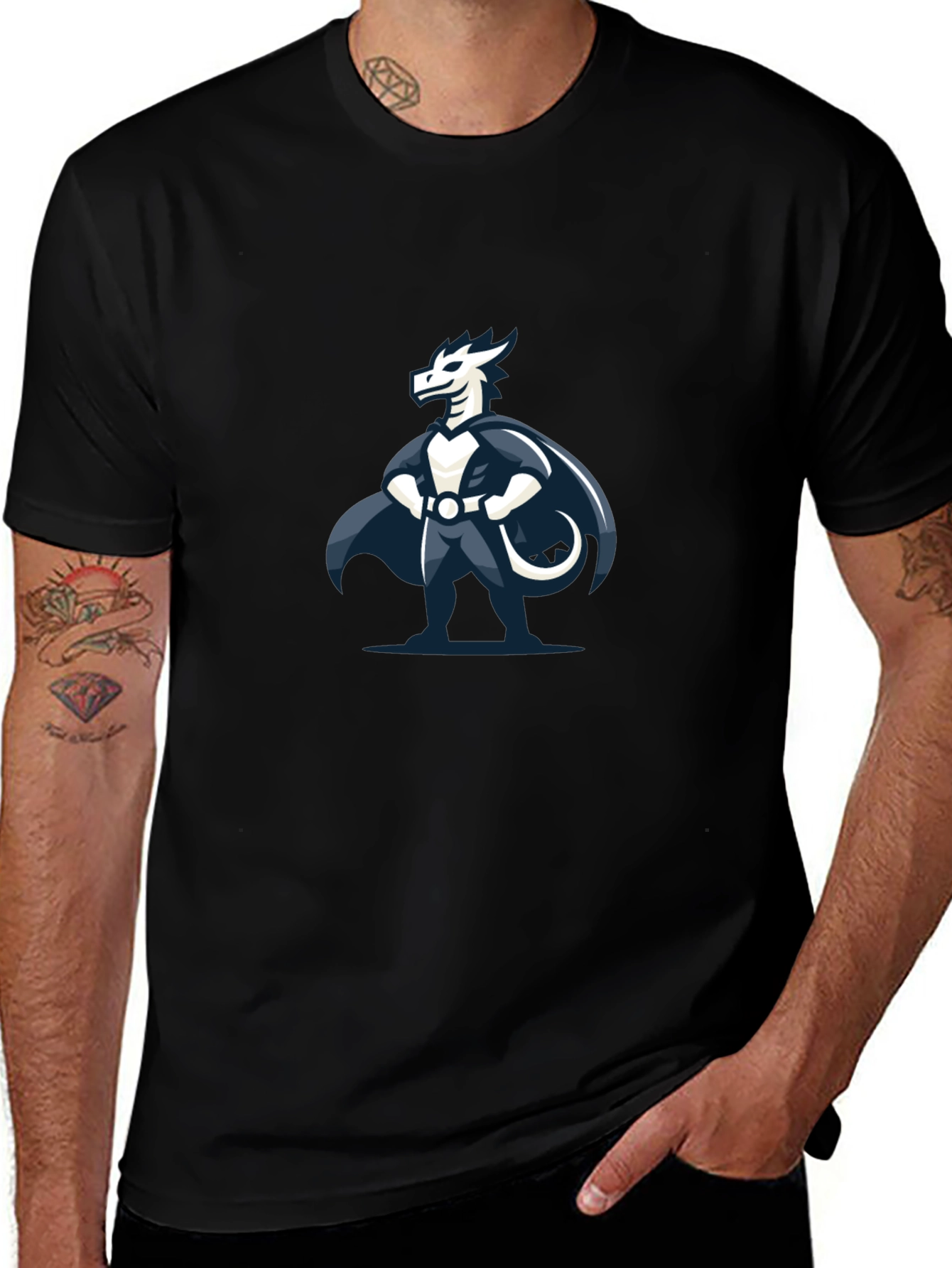 Black T-Shirt with Dragon Superhero Graphic