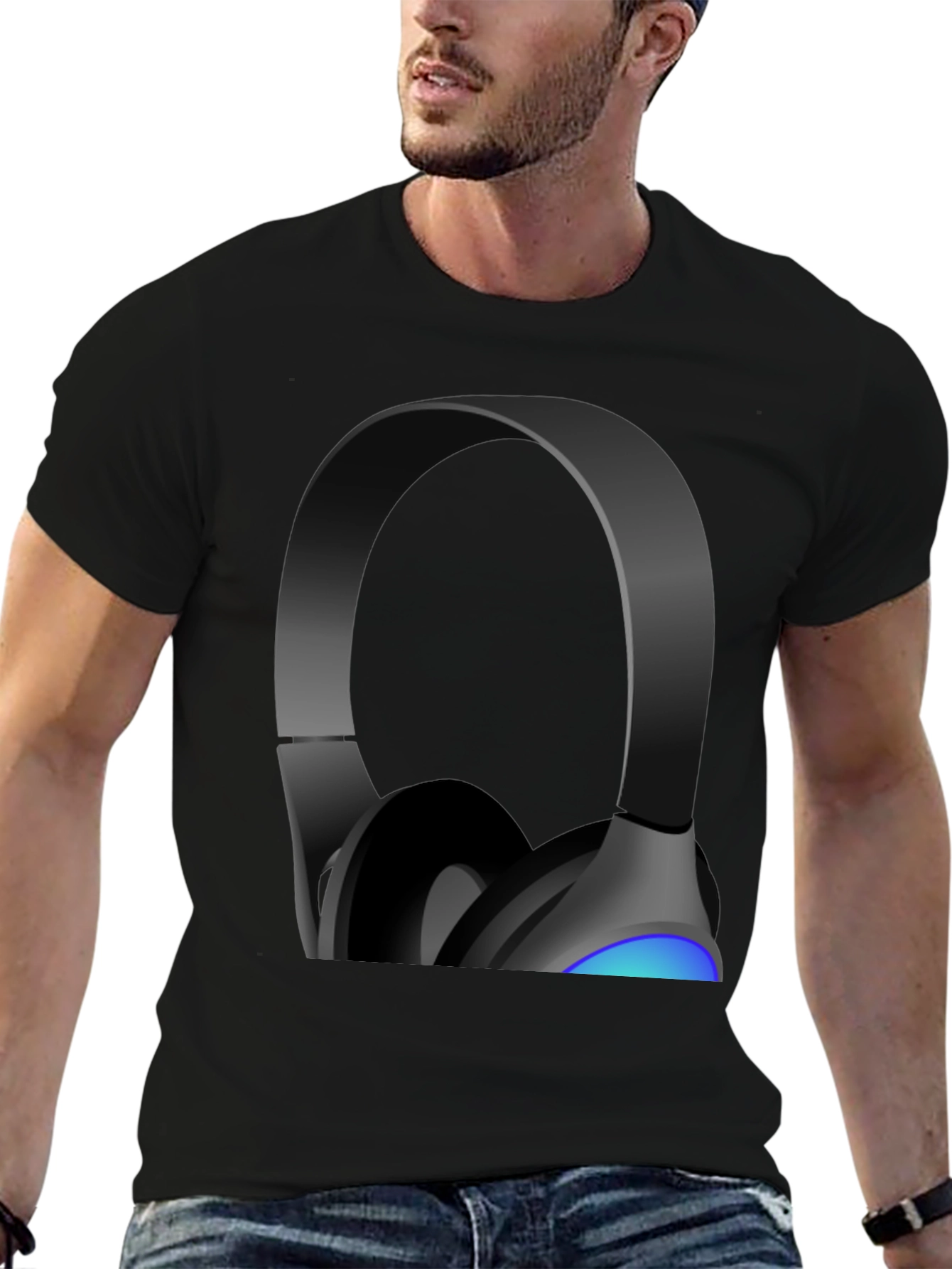 Headphones Graphic Tee - Black Cotton Blend