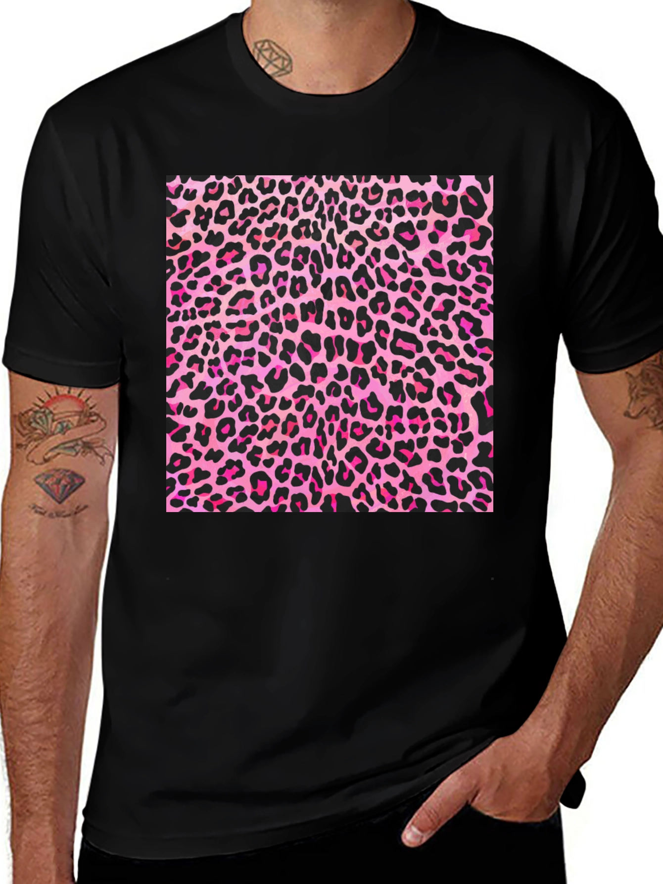 Pink Leopard Print Black T-Shirt