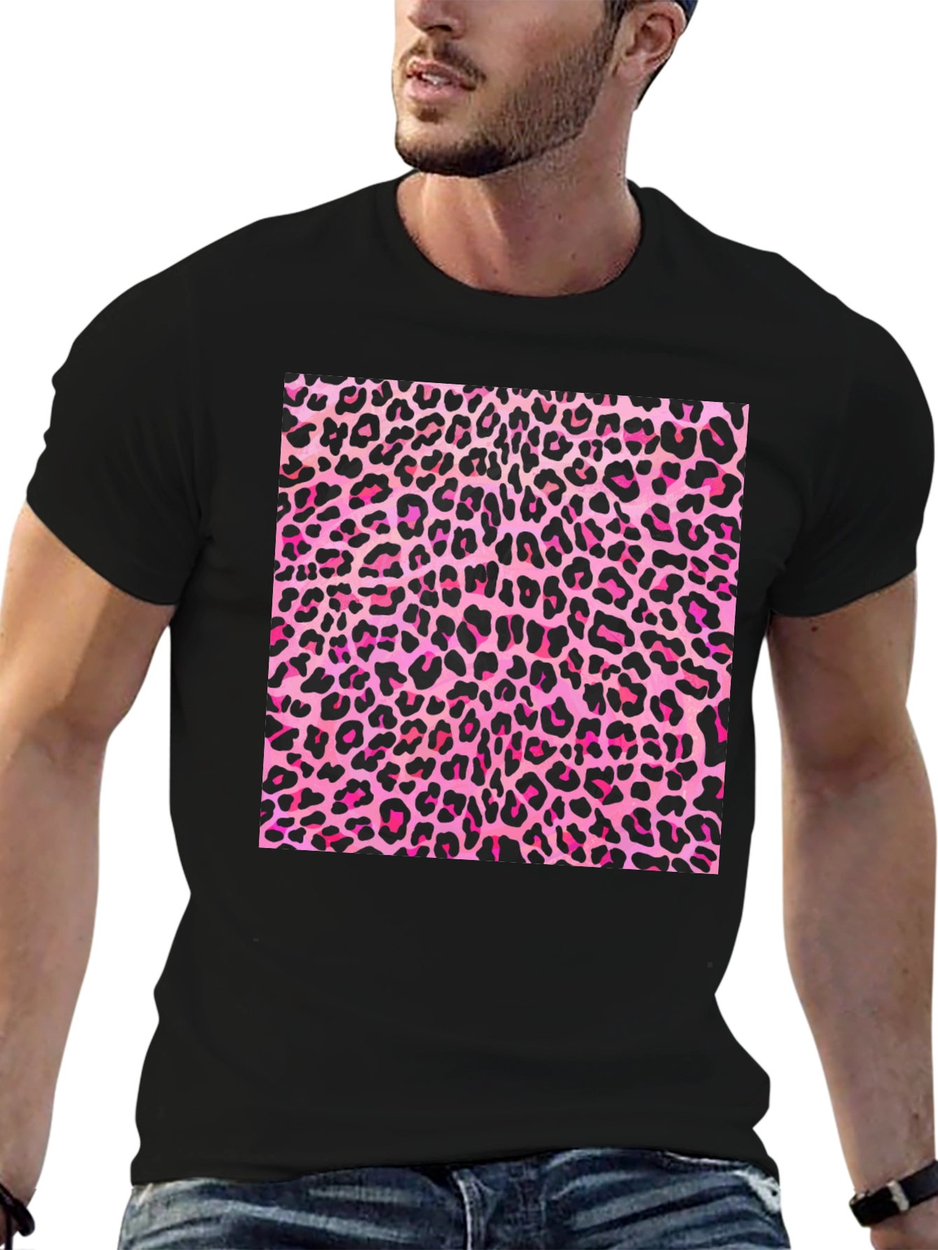 Pink Leopard Print Black T-Shirt