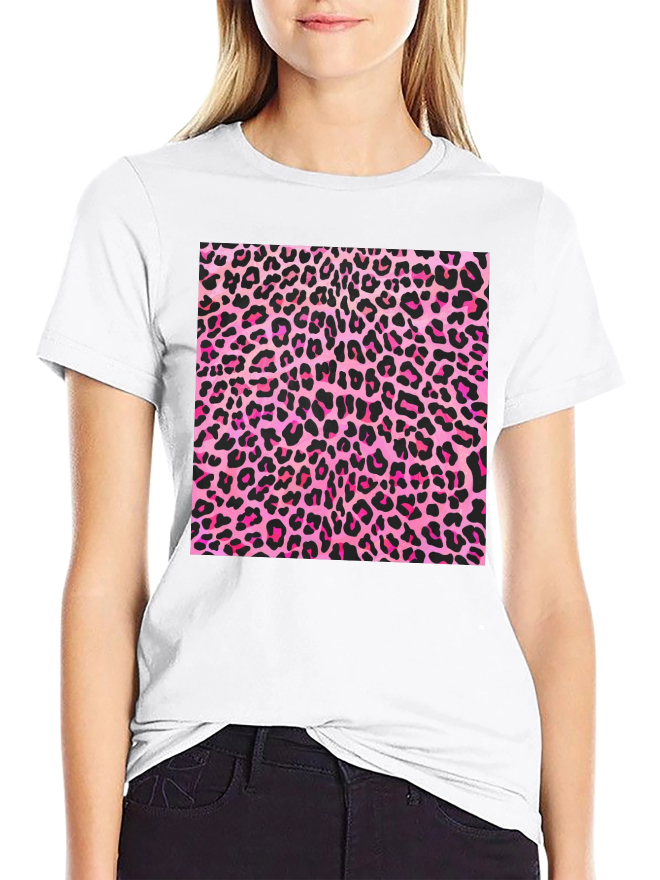 Pink Leopard Print Black T-Shirt
