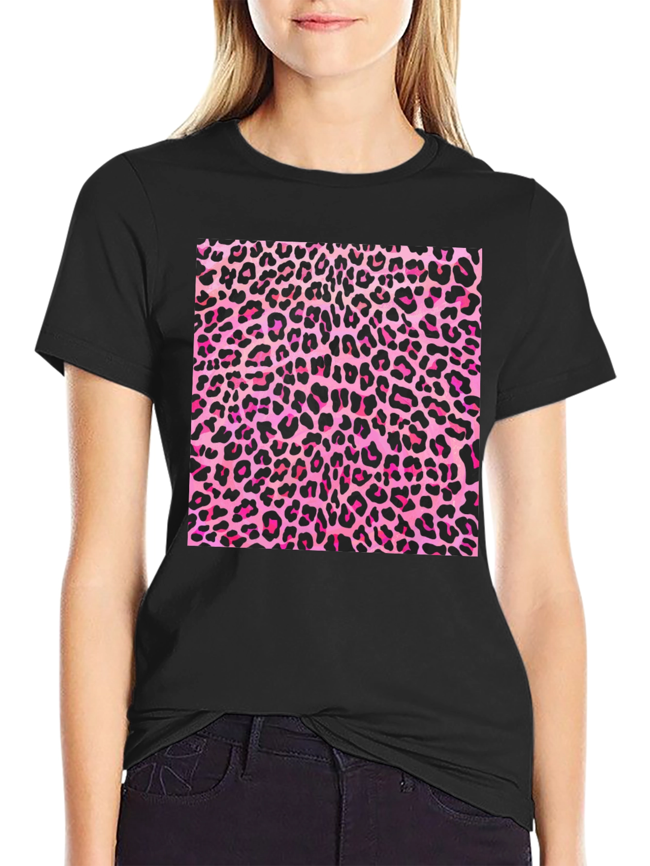 Pink Leopard Print Black T-Shirt