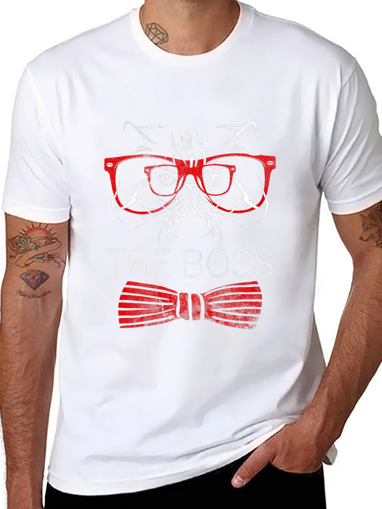 The Boss Cat T-Shirt - Red Glasses Bowtie