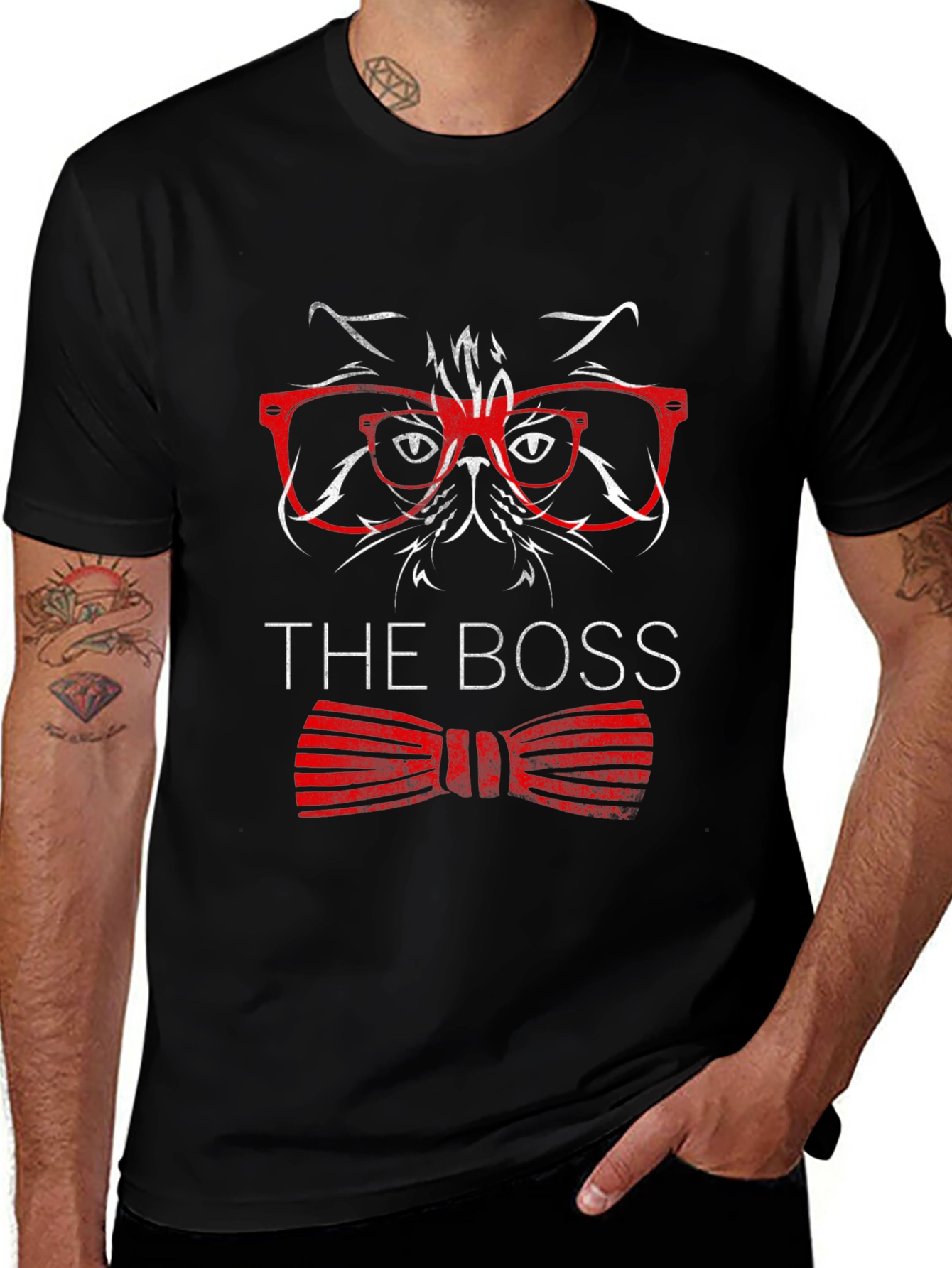 The Boss Cat T-Shirt - Red Glasses Bowtie