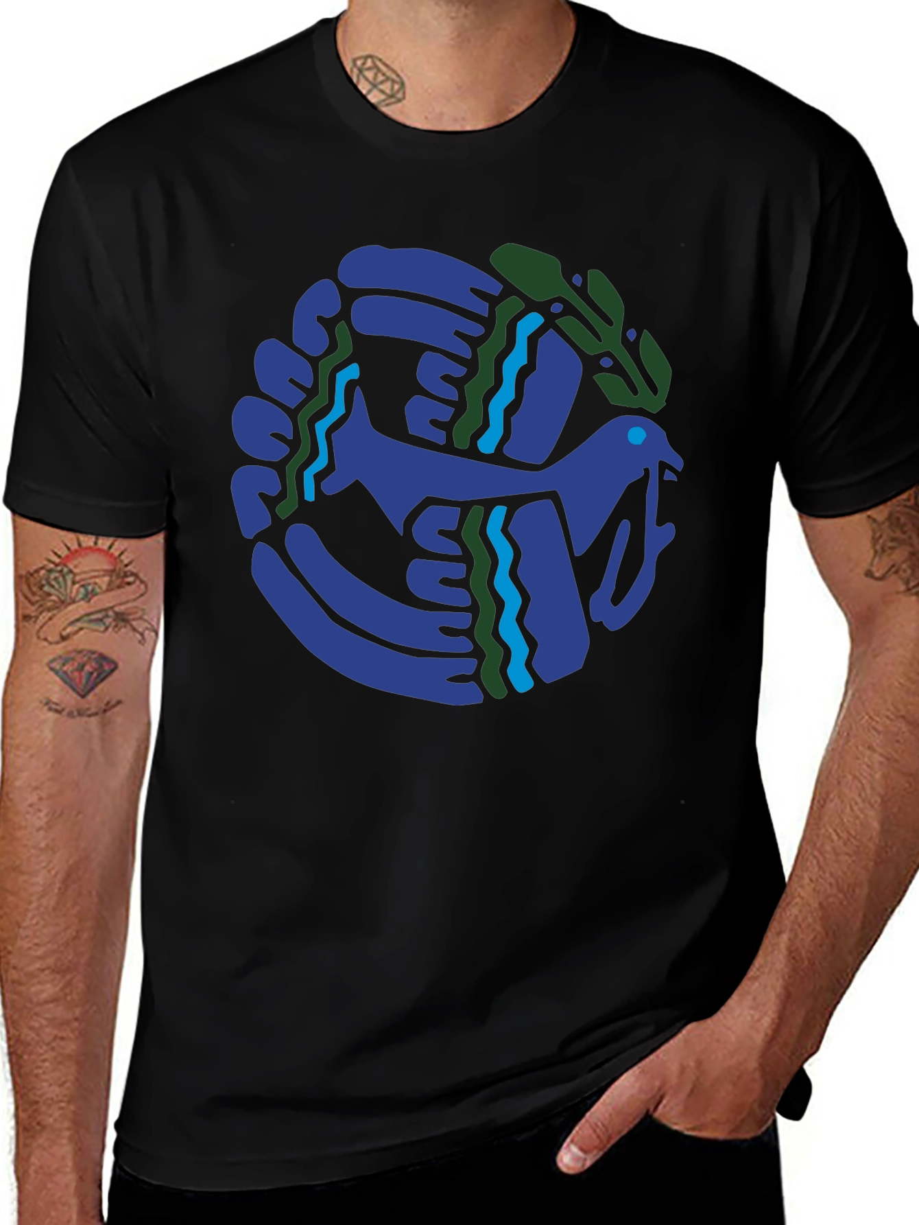 Abstract Bird Graphic Black T-Shirt