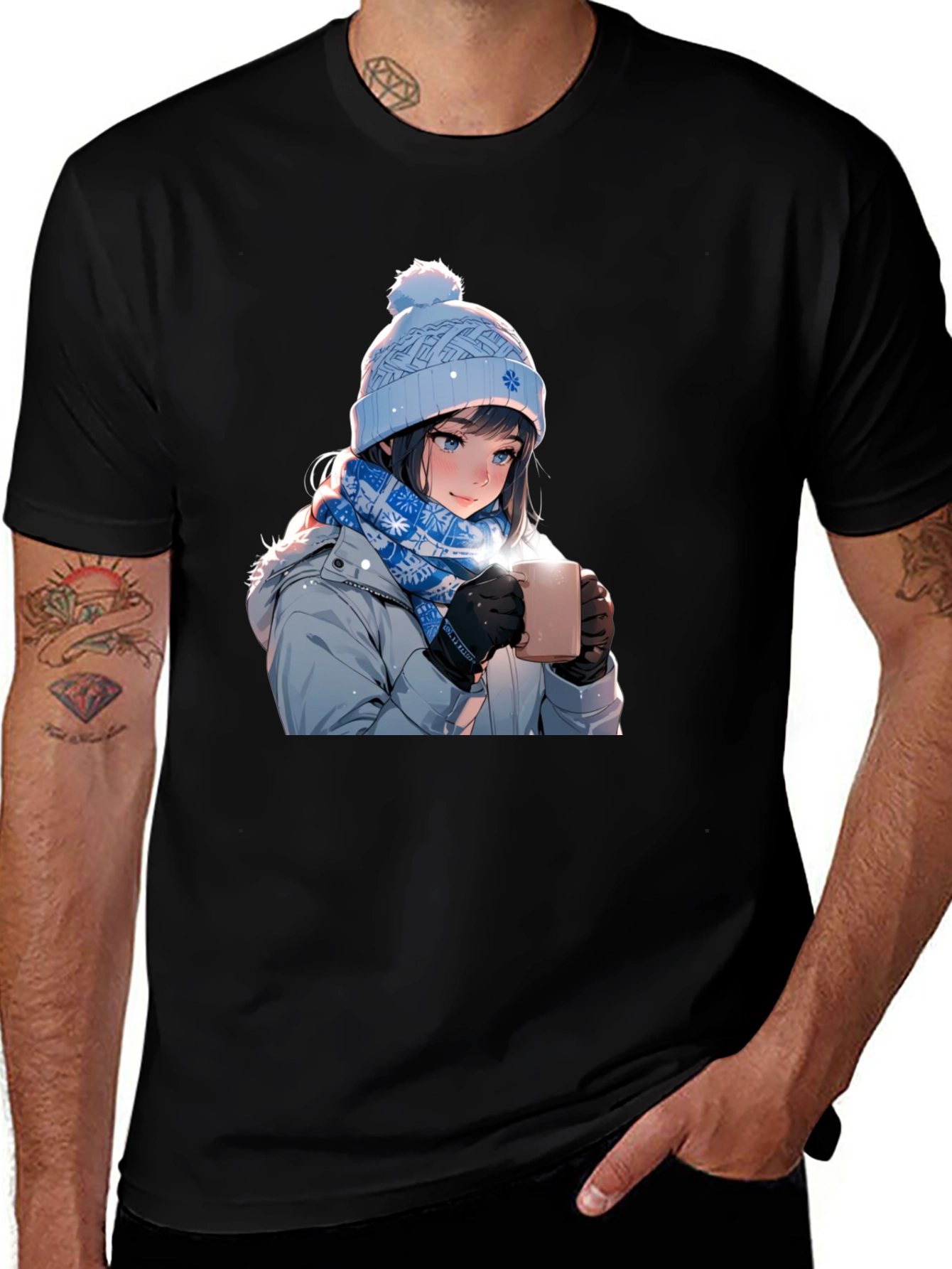 Anime Girl Winter T-Shirt - Cozy Hot Chocolate Design