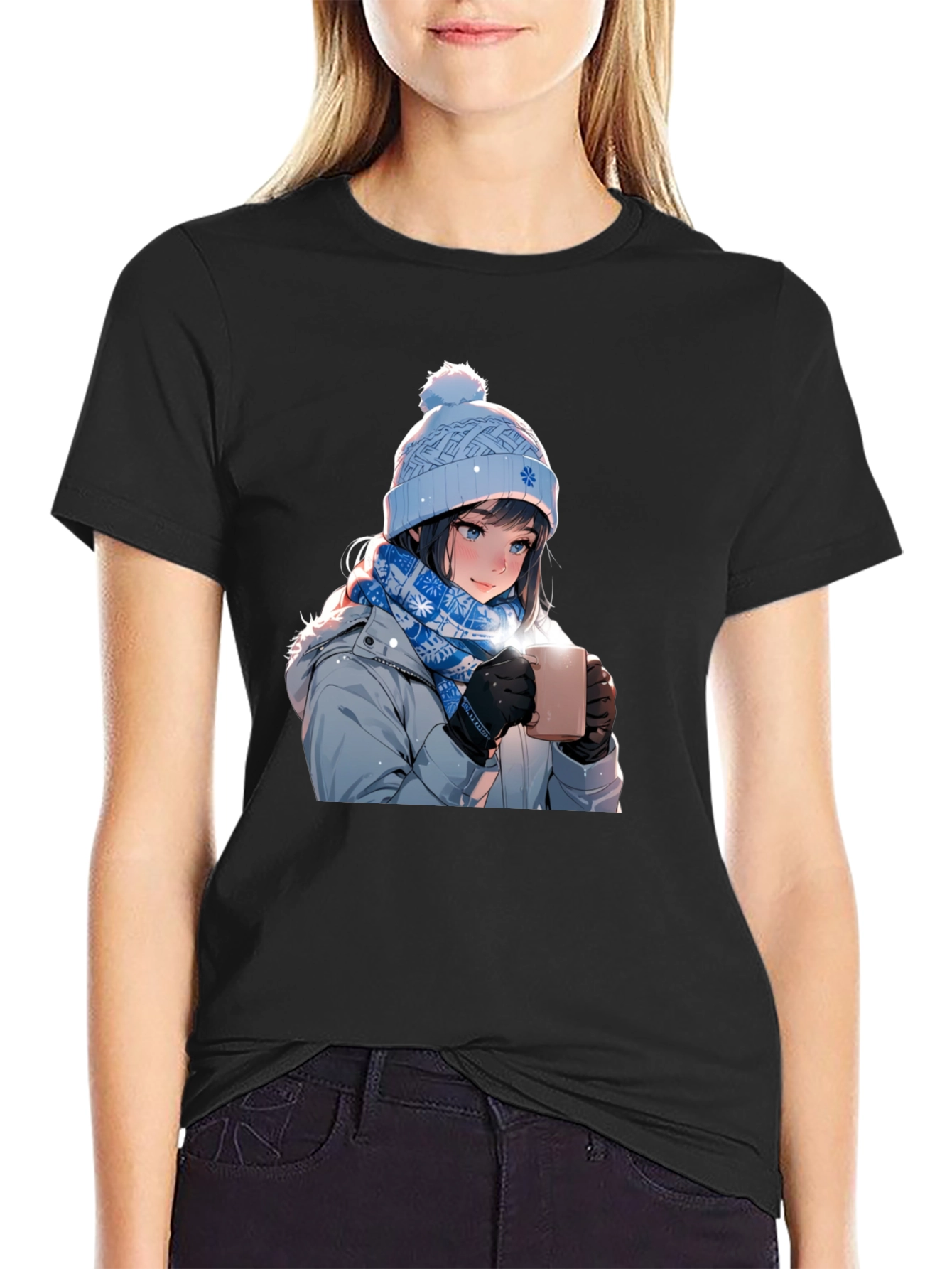 Anime Girl Winter T-Shirt - Cozy Hot Chocolate Design