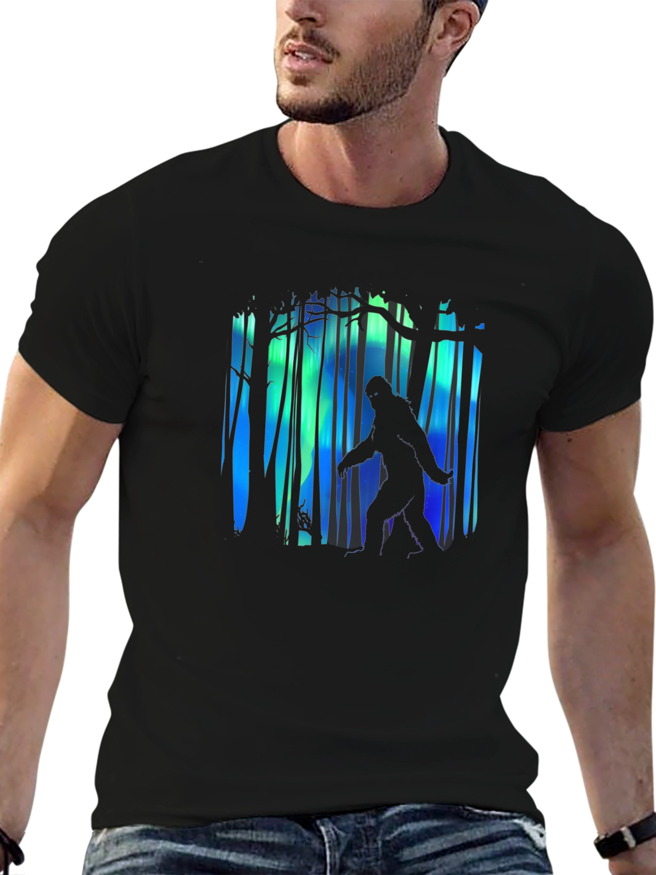 Bigfoot Aurora Borealis Mens Black T-Shirt