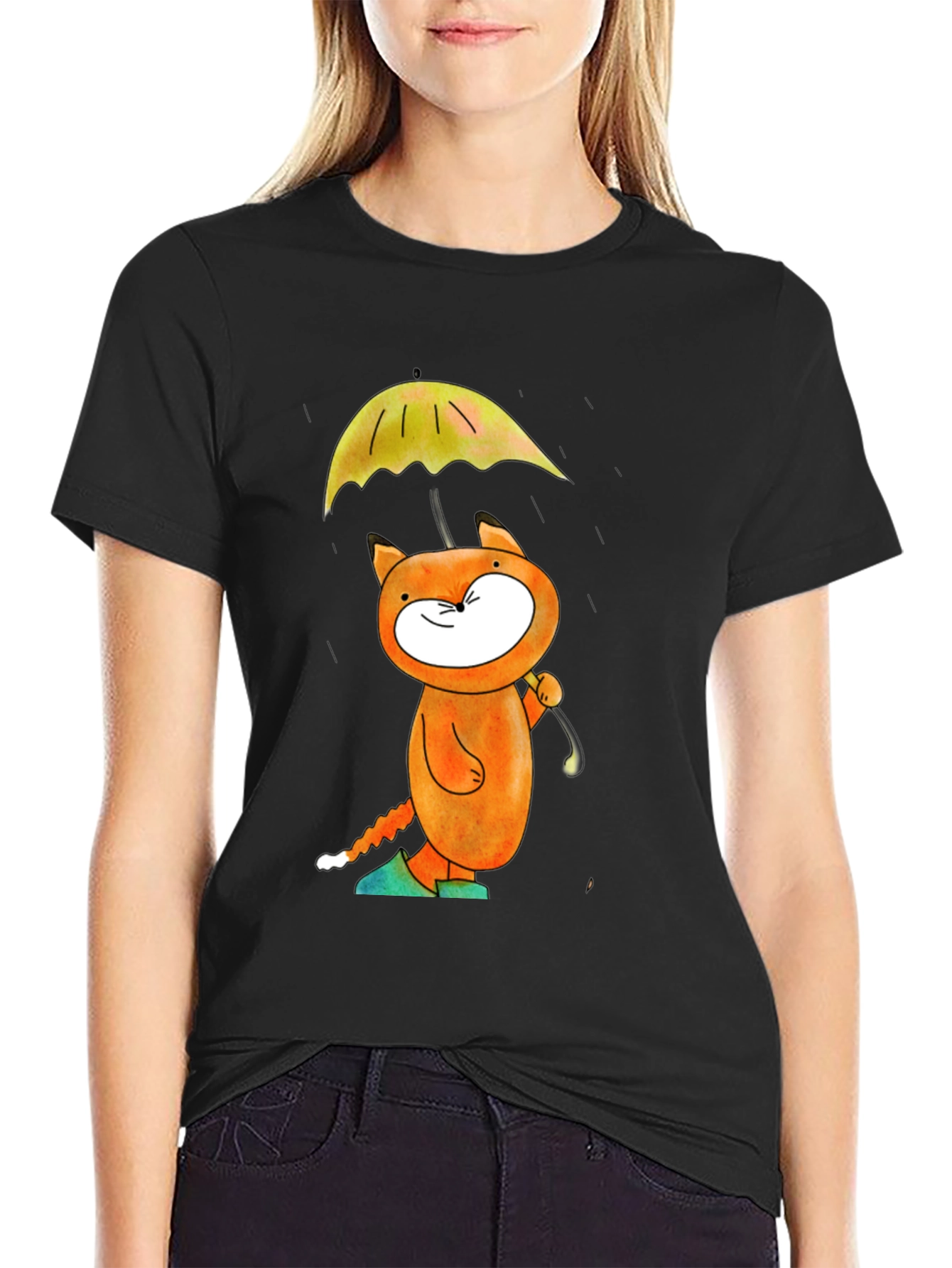 Whimsical Cat & Umbrella Graphic T-Shirt