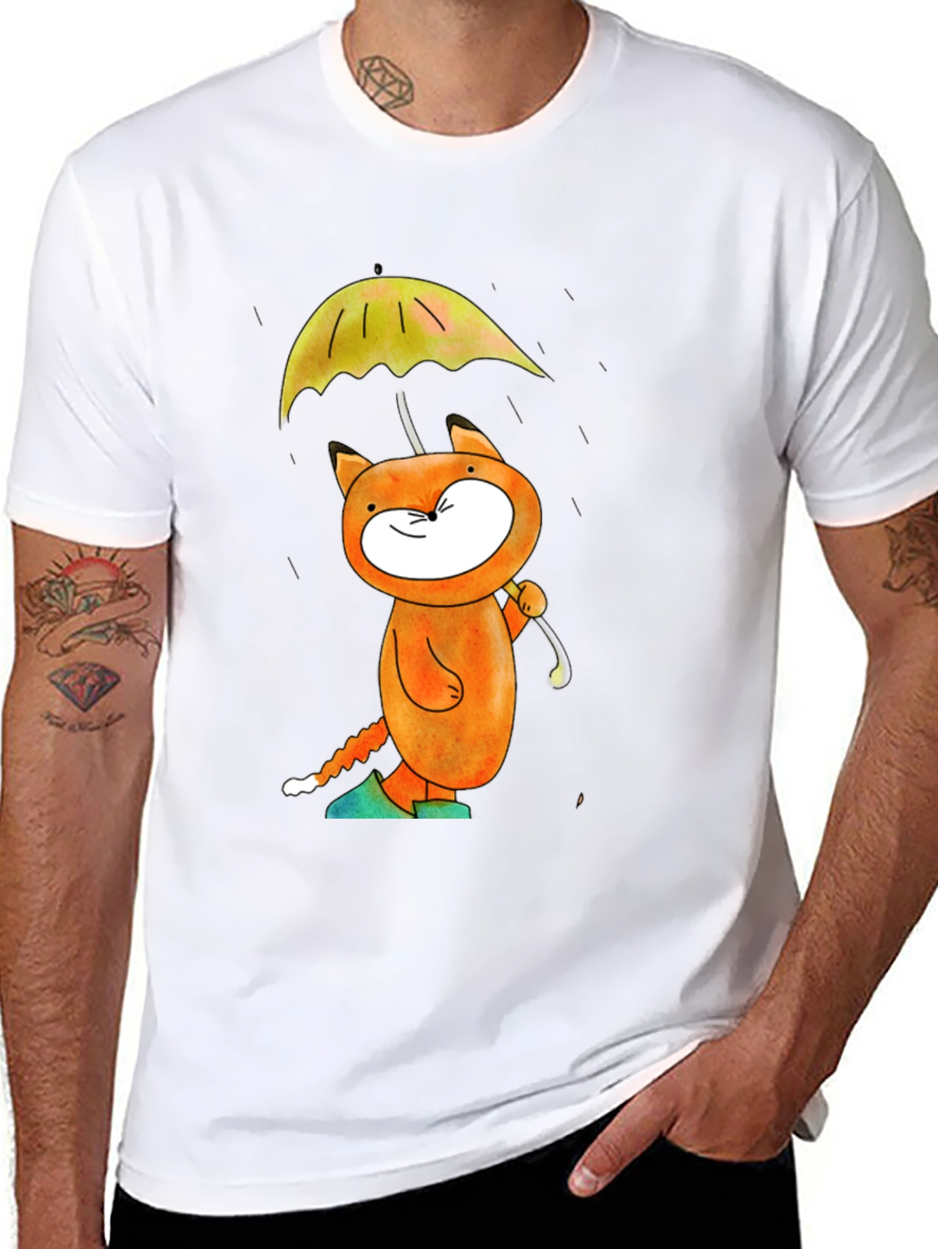 Whimsical Cat & Umbrella Graphic T-Shirt