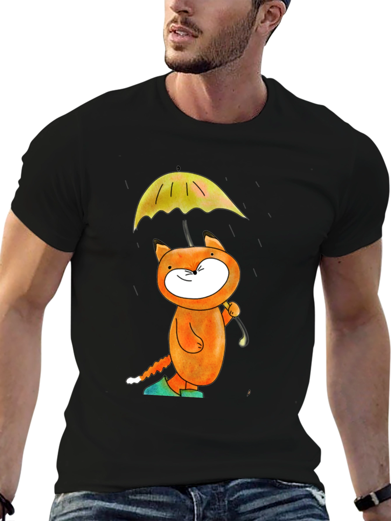 Whimsical Cat & Umbrella Graphic T-Shirt