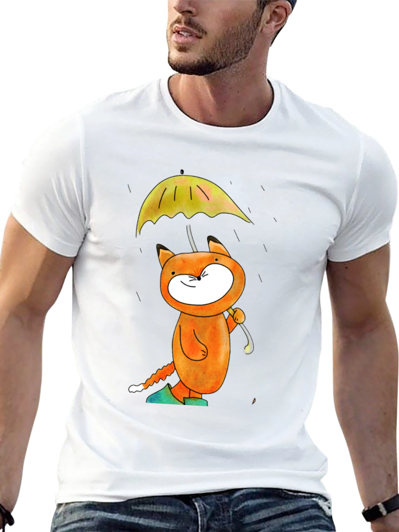 Whimsical Cat & Umbrella Graphic T-Shirt