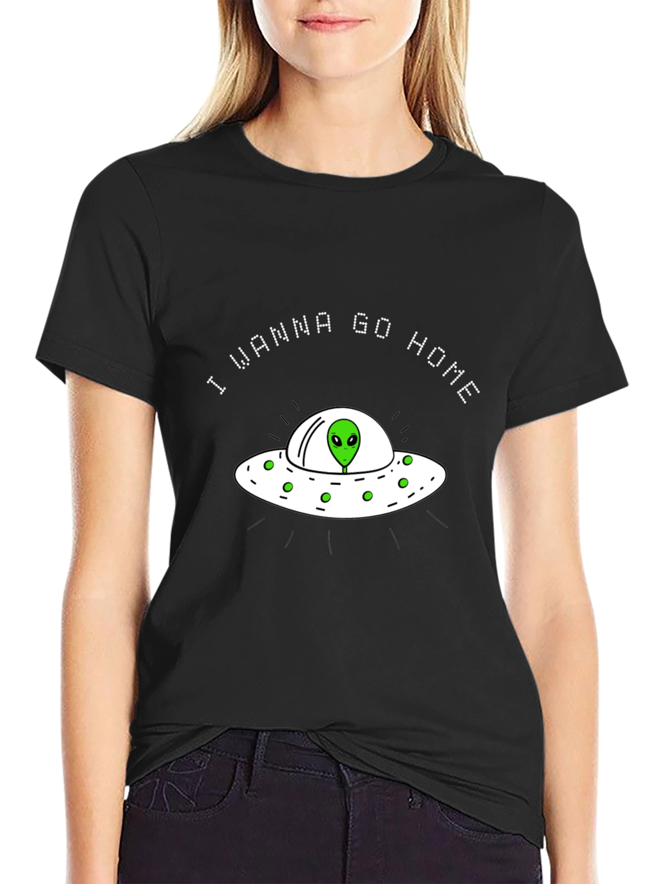 Alien UFO I Wanna Go Home Black T-Shirt