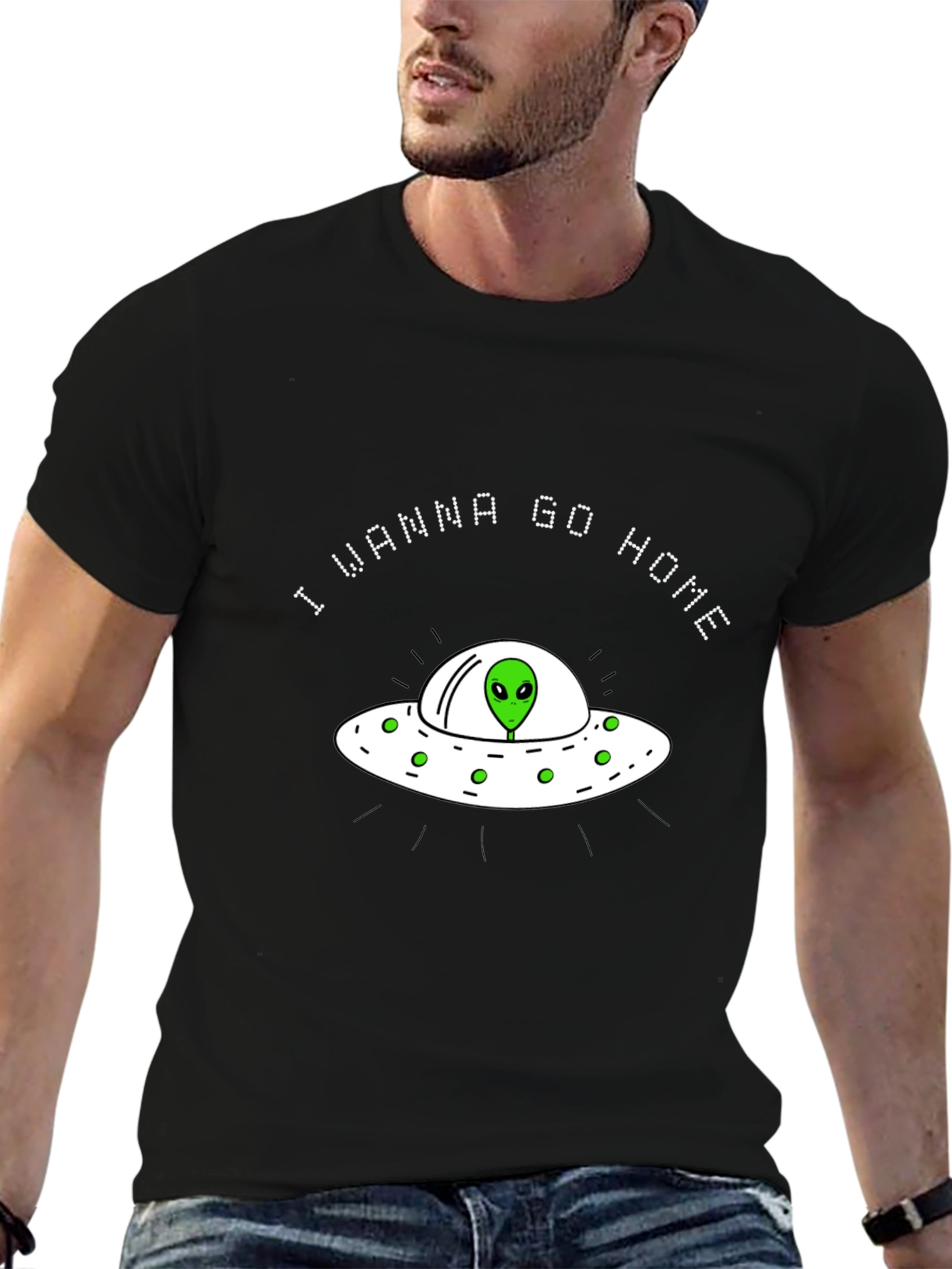 Alien UFO I Wanna Go Home Black T-Shirt