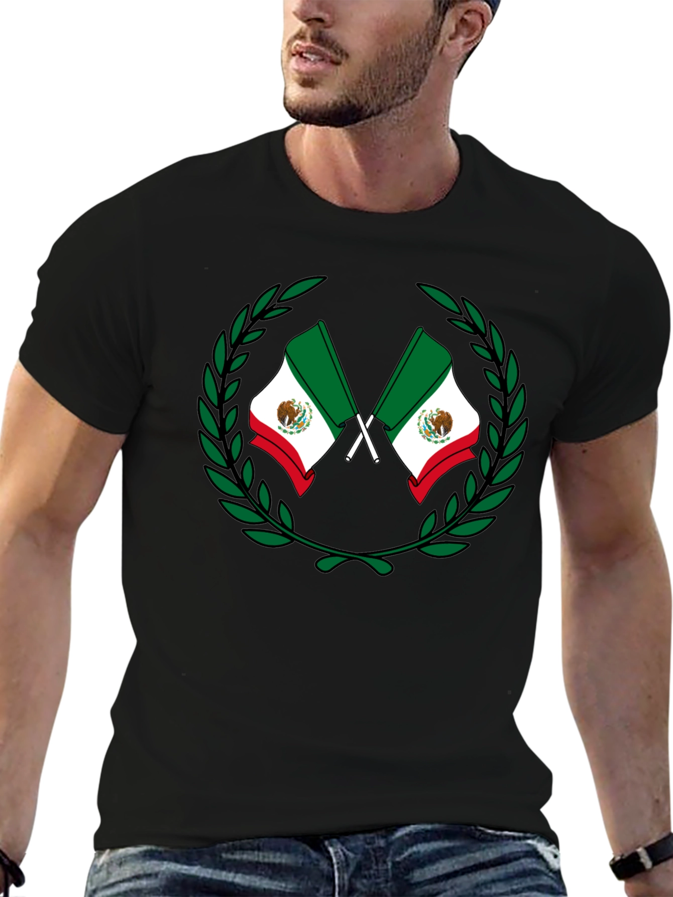 Mexican Flag Laurel Wreath Black T-Shirt