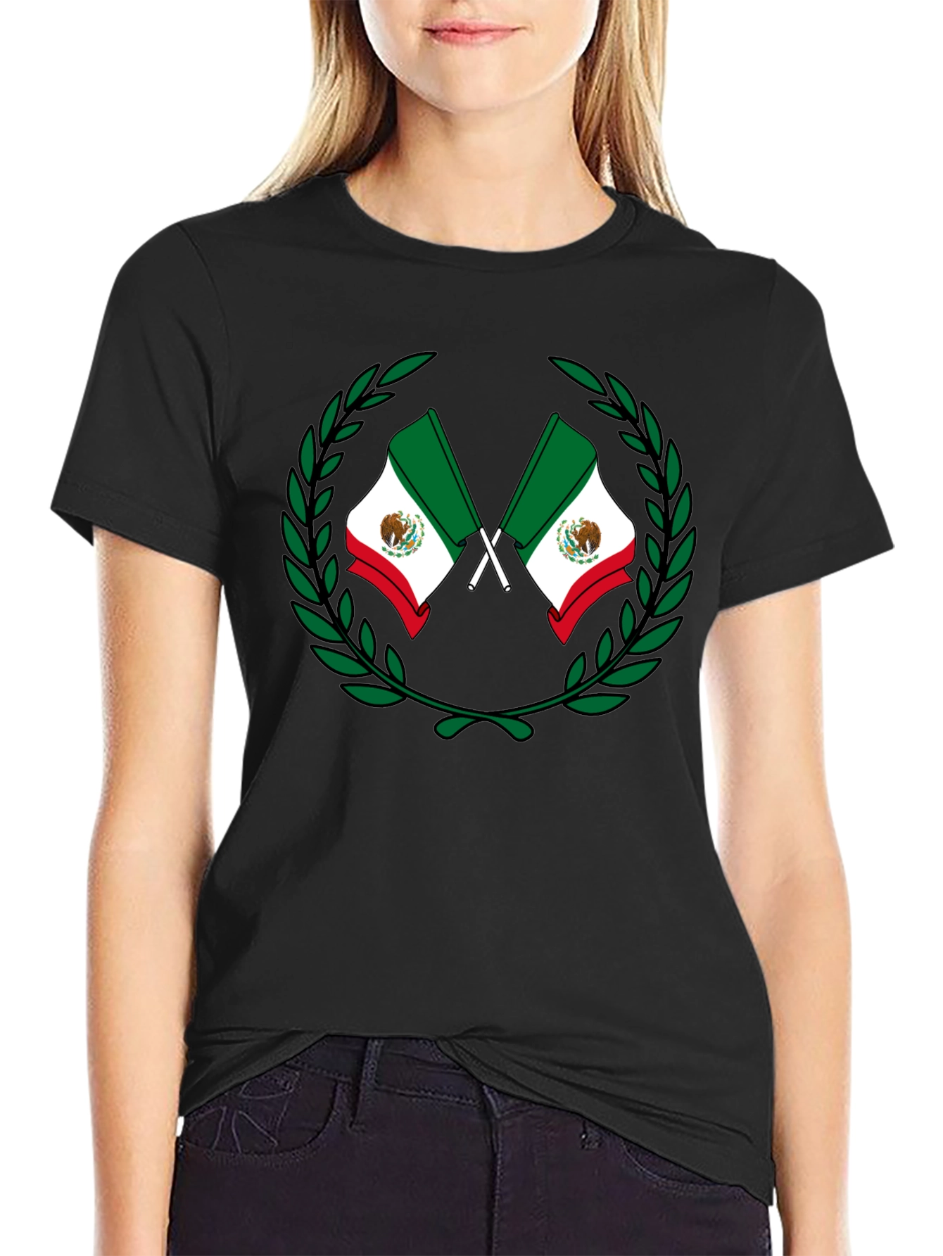 Mexican Flag Laurel Wreath Black T-Shirt