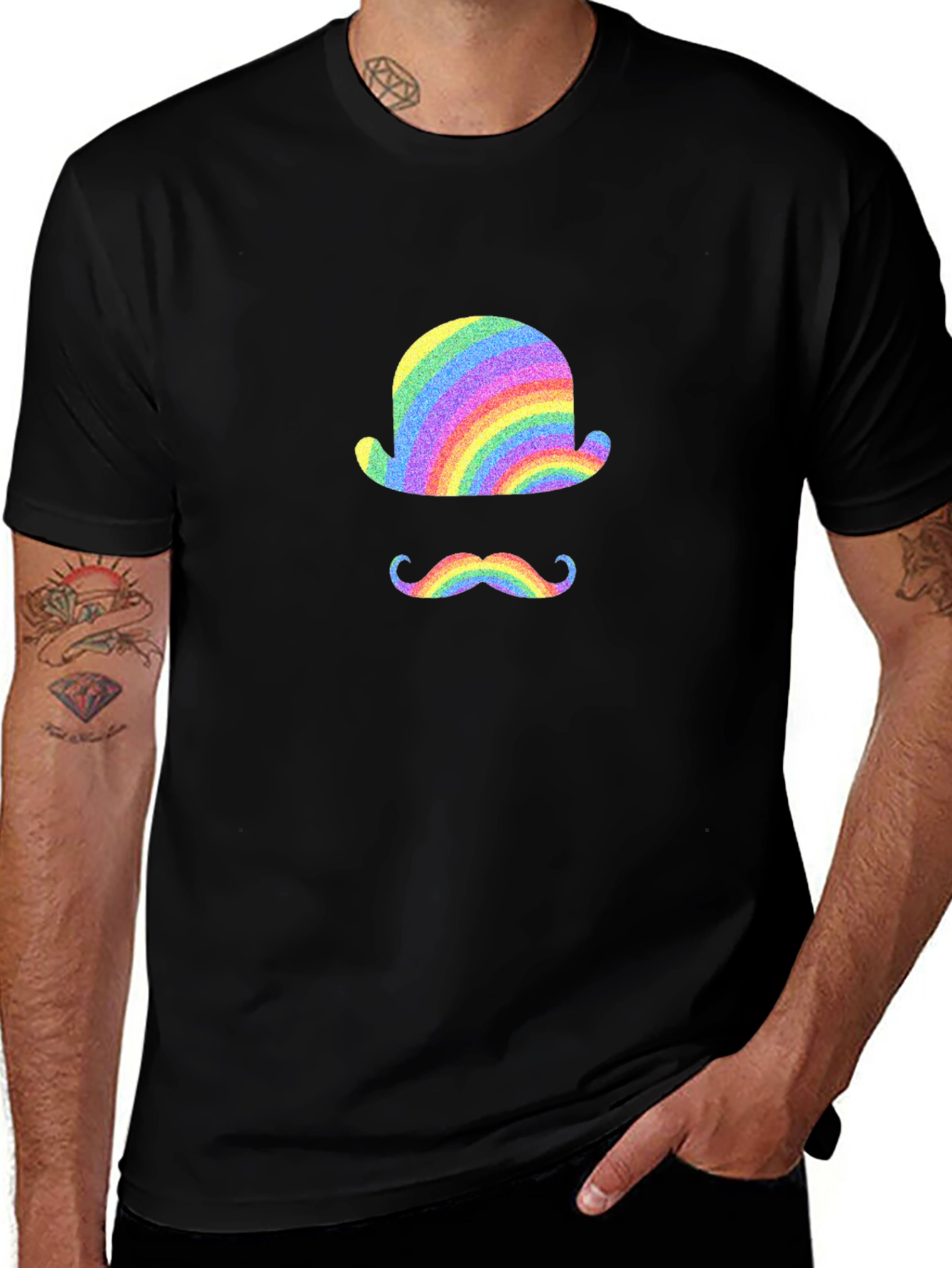 Rainbow Bowler Hat & Moustache Black T-Shirt