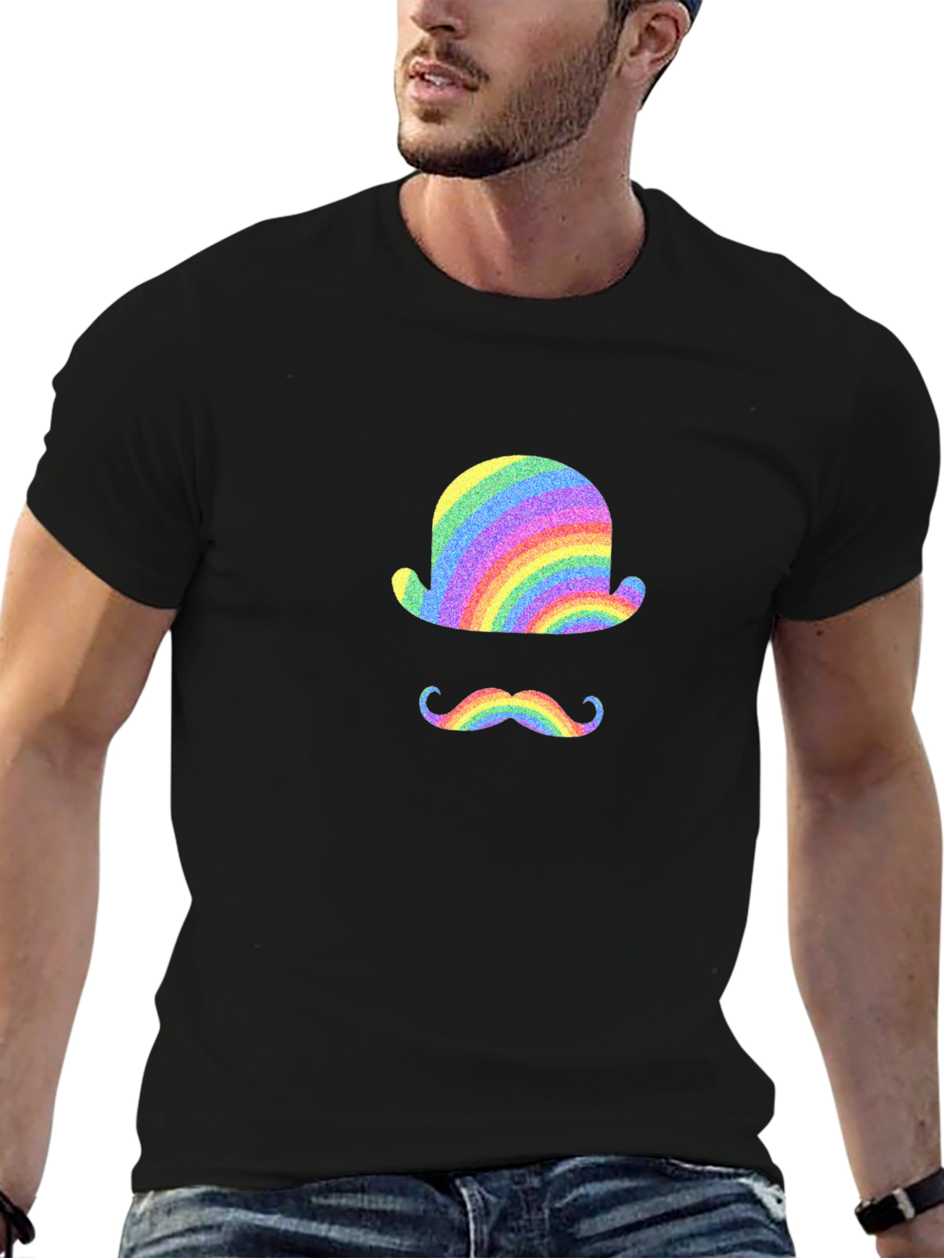 Rainbow Bowler Hat & Moustache Black T-Shirt