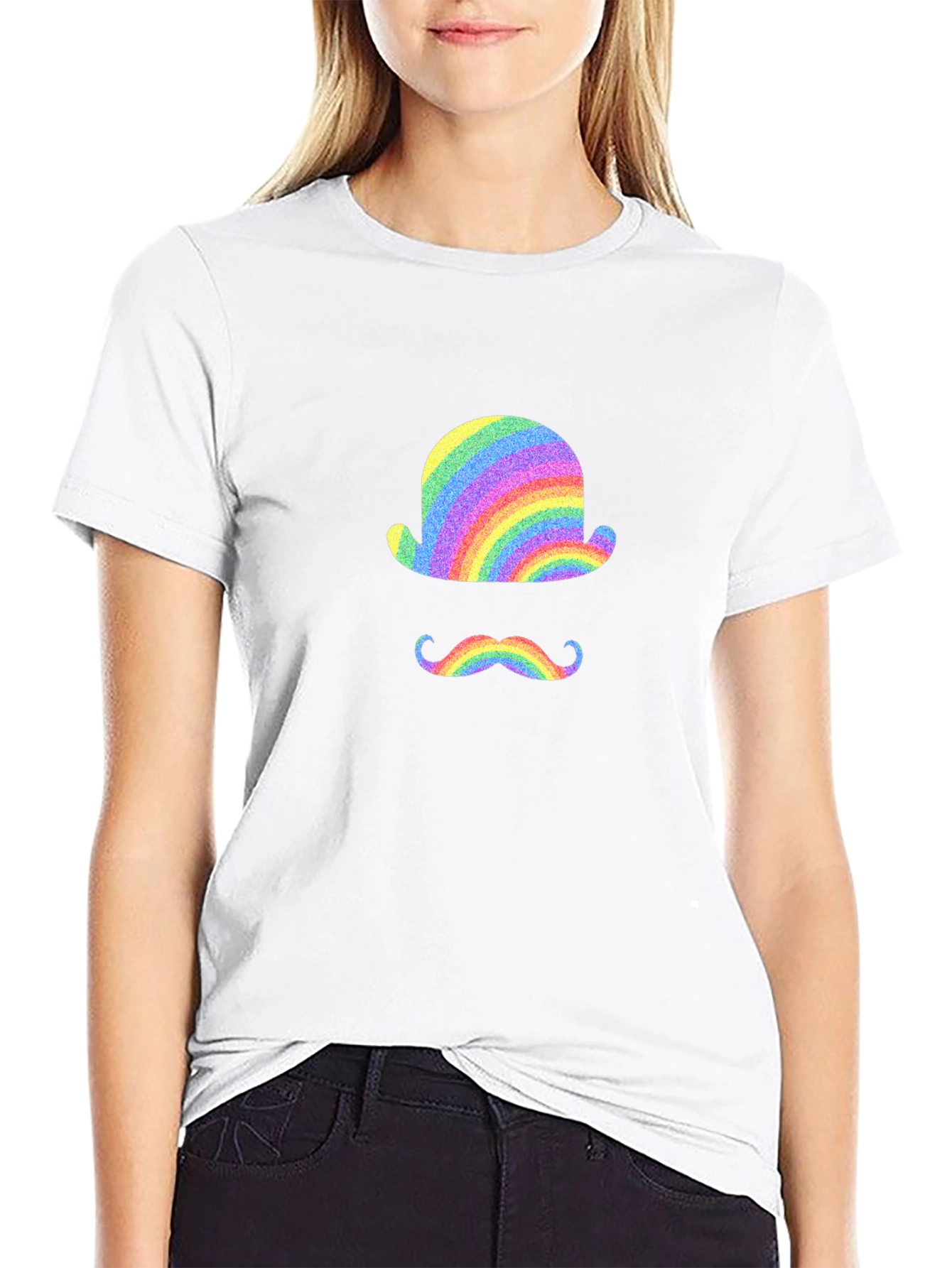 Rainbow Bowler Hat & Moustache Black T-Shirt
