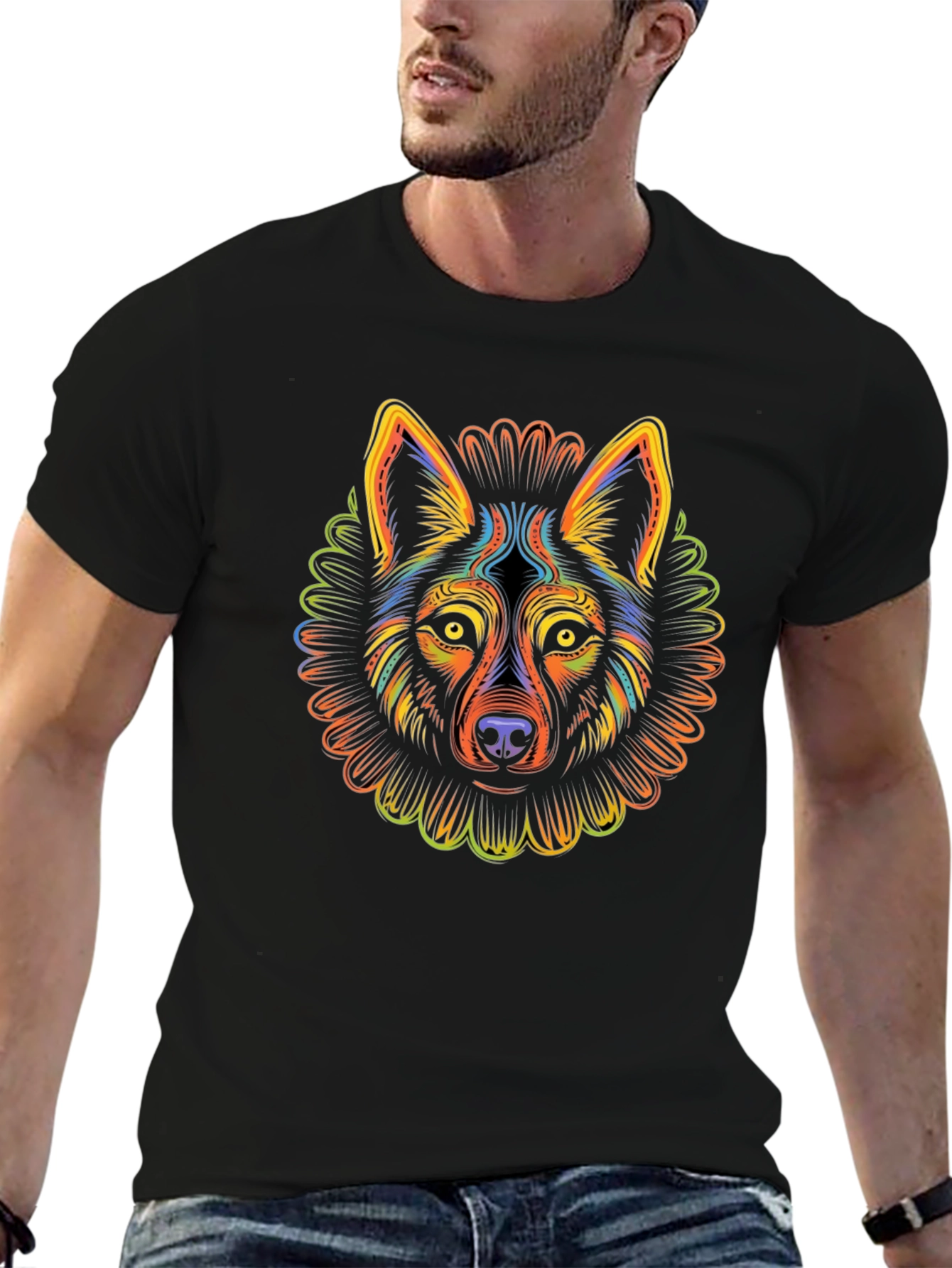 Psychedelic Wolf Graphic T-Shirt - Mens Black Tee