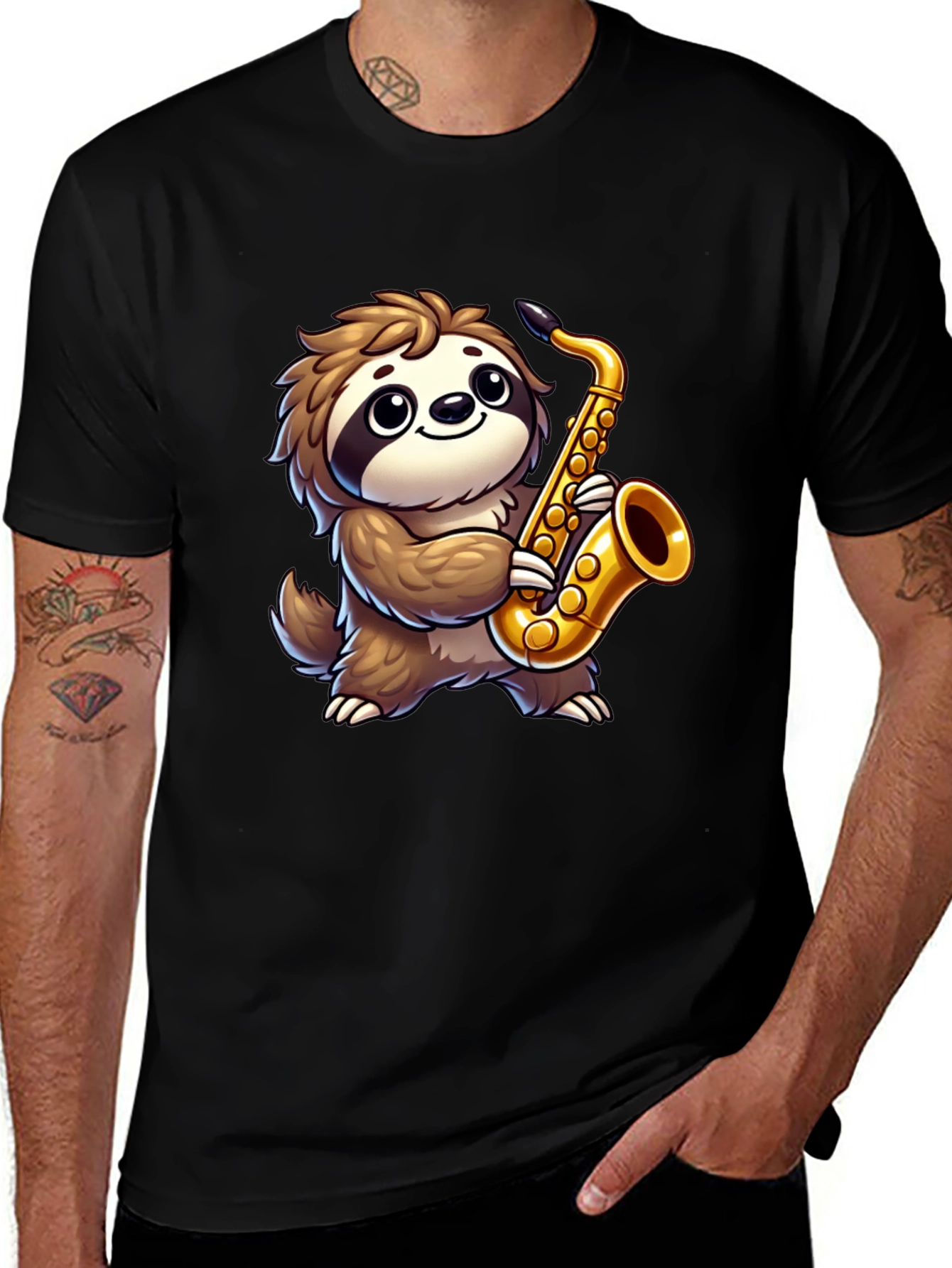Sloth Saxophone Graphic Tee - Black Cotton Shirt