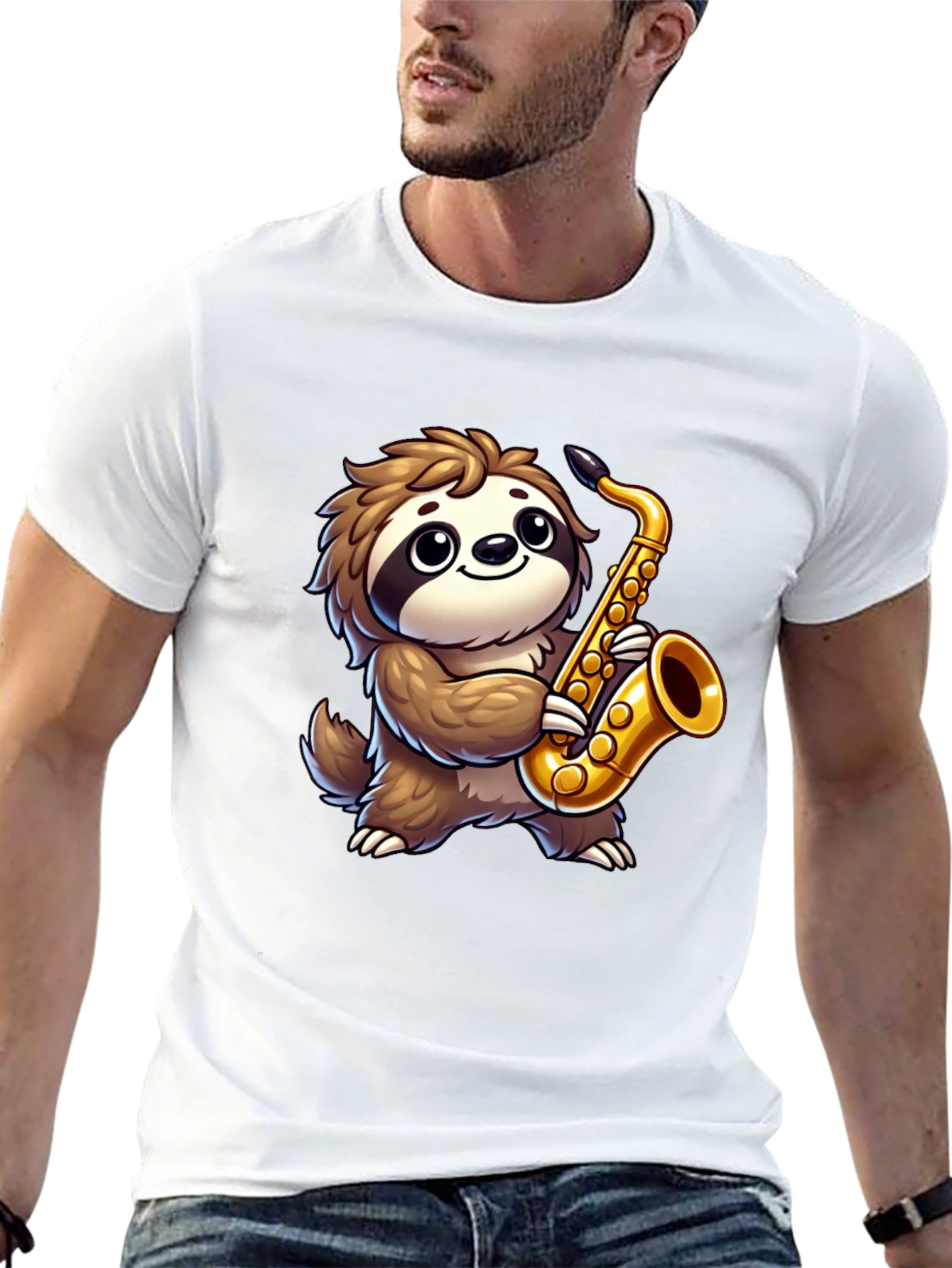 Sloth Saxophone Graphic Tee - Black Cotton Shirt