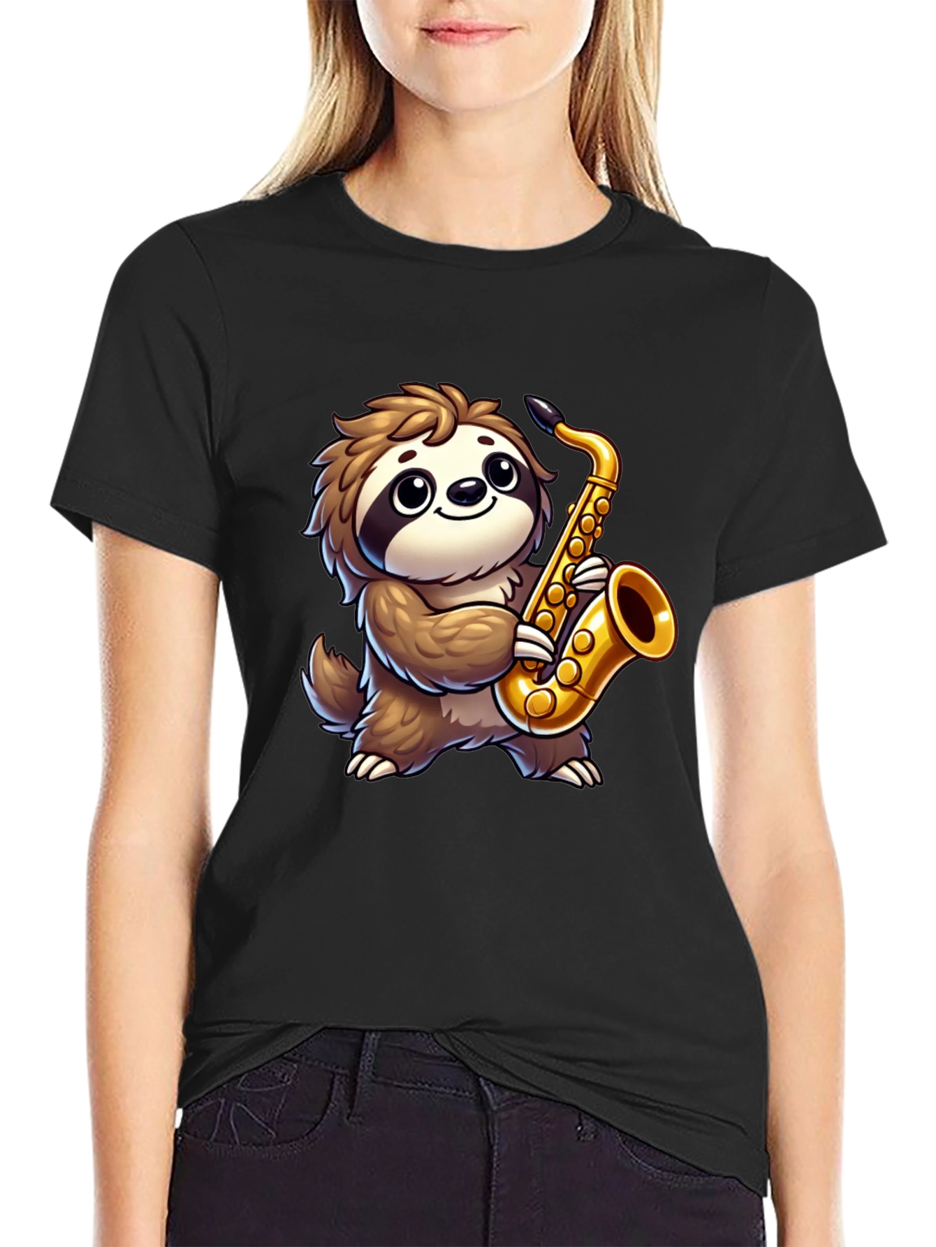 Sloth Saxophone Graphic Tee - Black Cotton Shirt