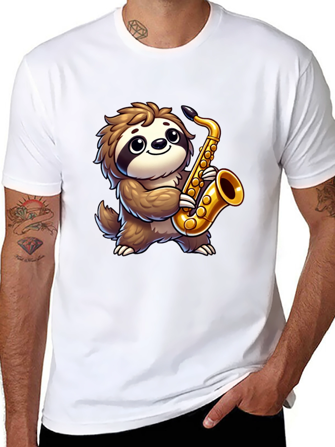 Sloth Saxophone Graphic Tee - Black Cotton Shirt
