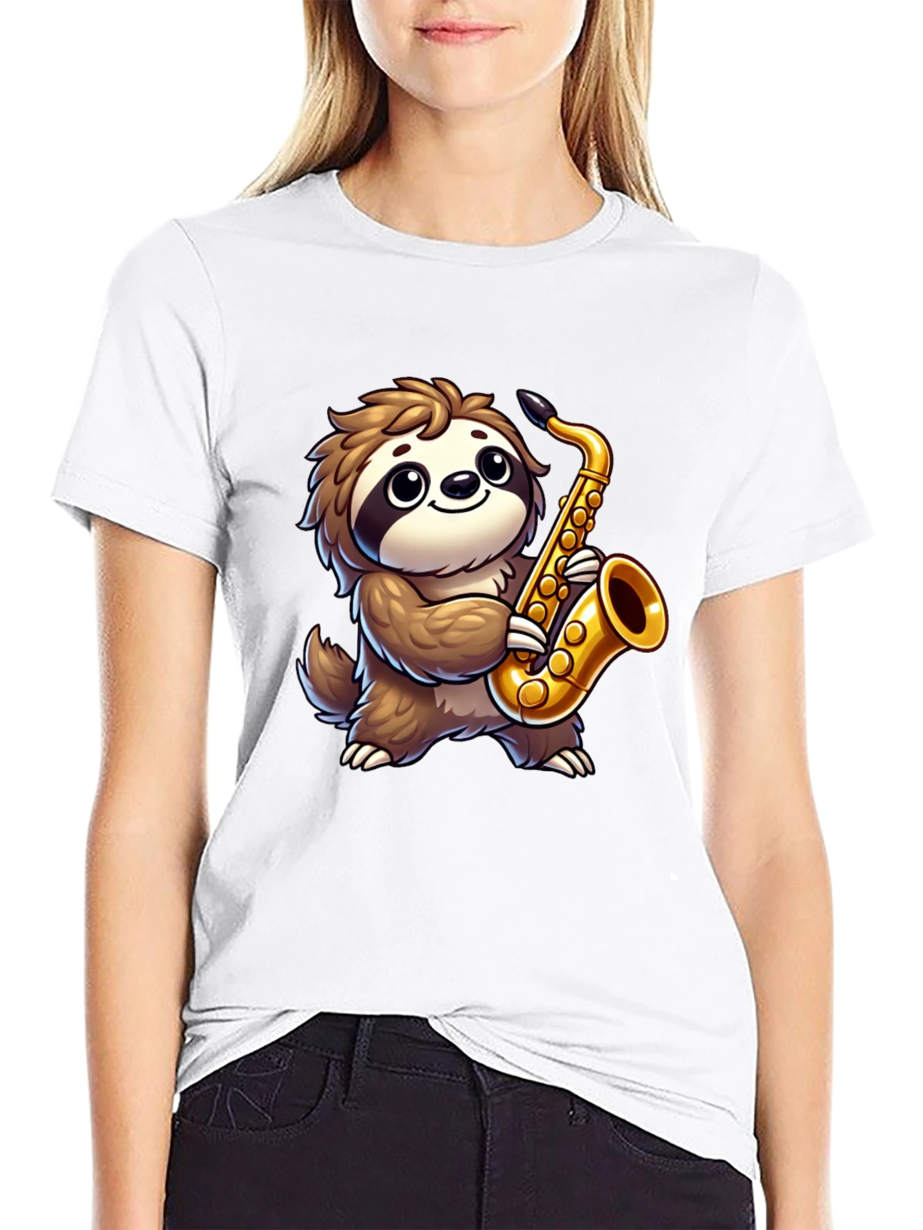 Sloth Saxophone Graphic Tee - Black Cotton Shirt