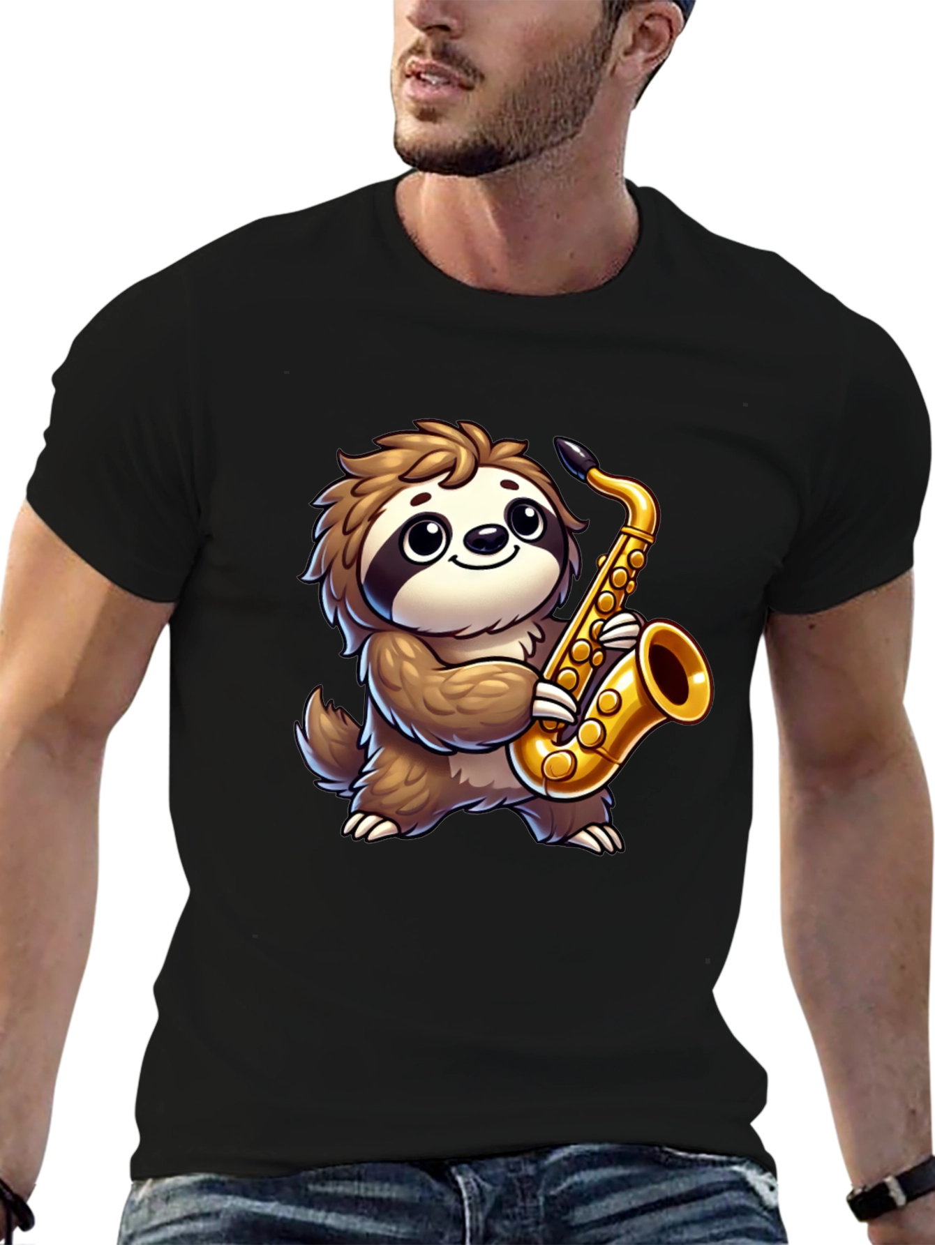 Sloth Saxophone Graphic Tee - Black Cotton Shirt