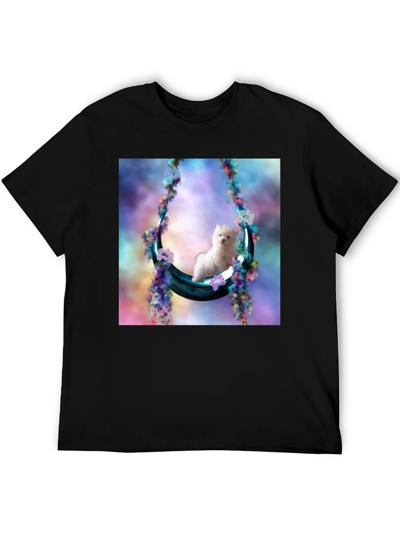 Cute Puppy in Floral Swing Black T-Shirt