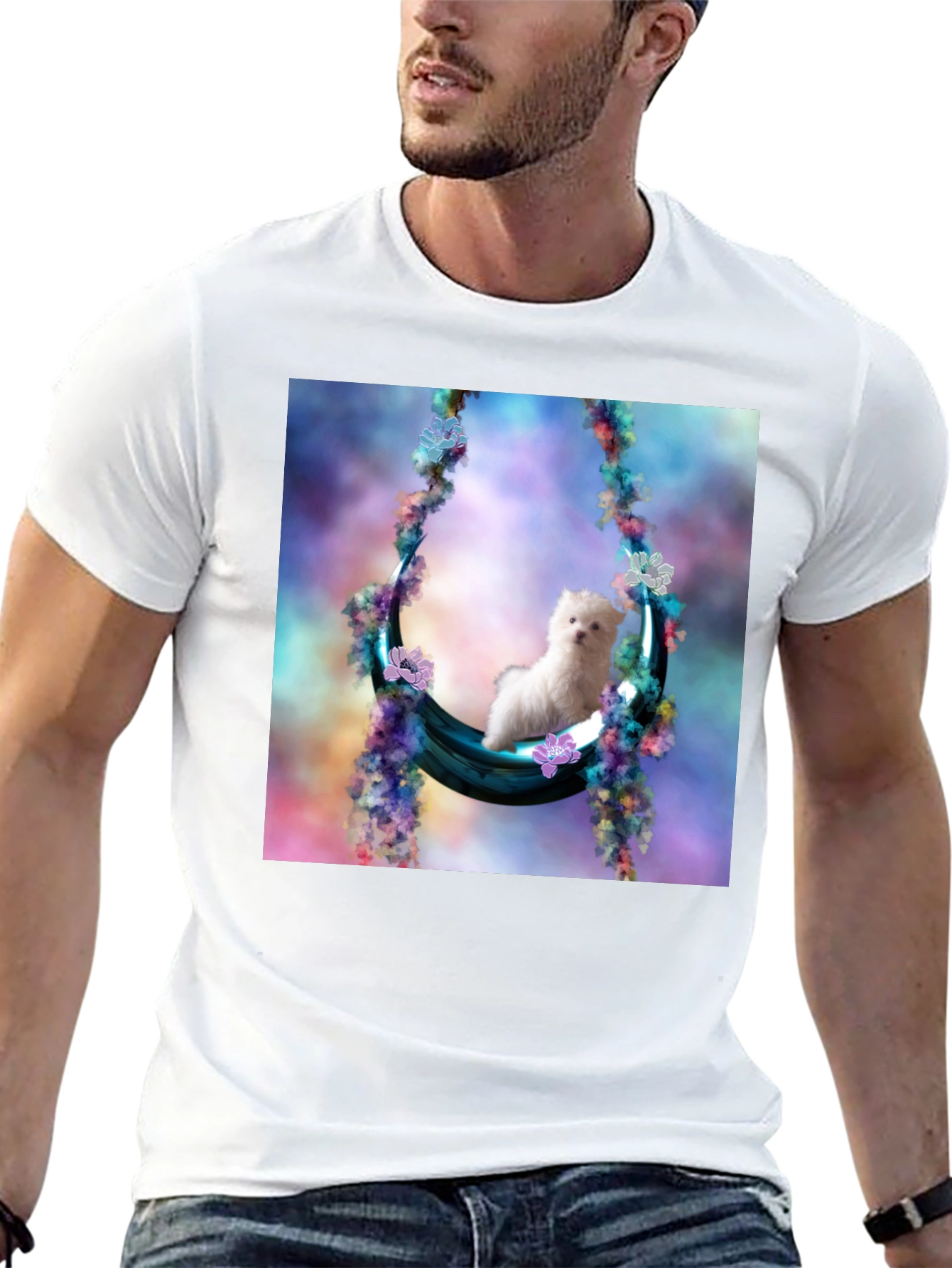 Cute Puppy in Floral Swing Black T-Shirt