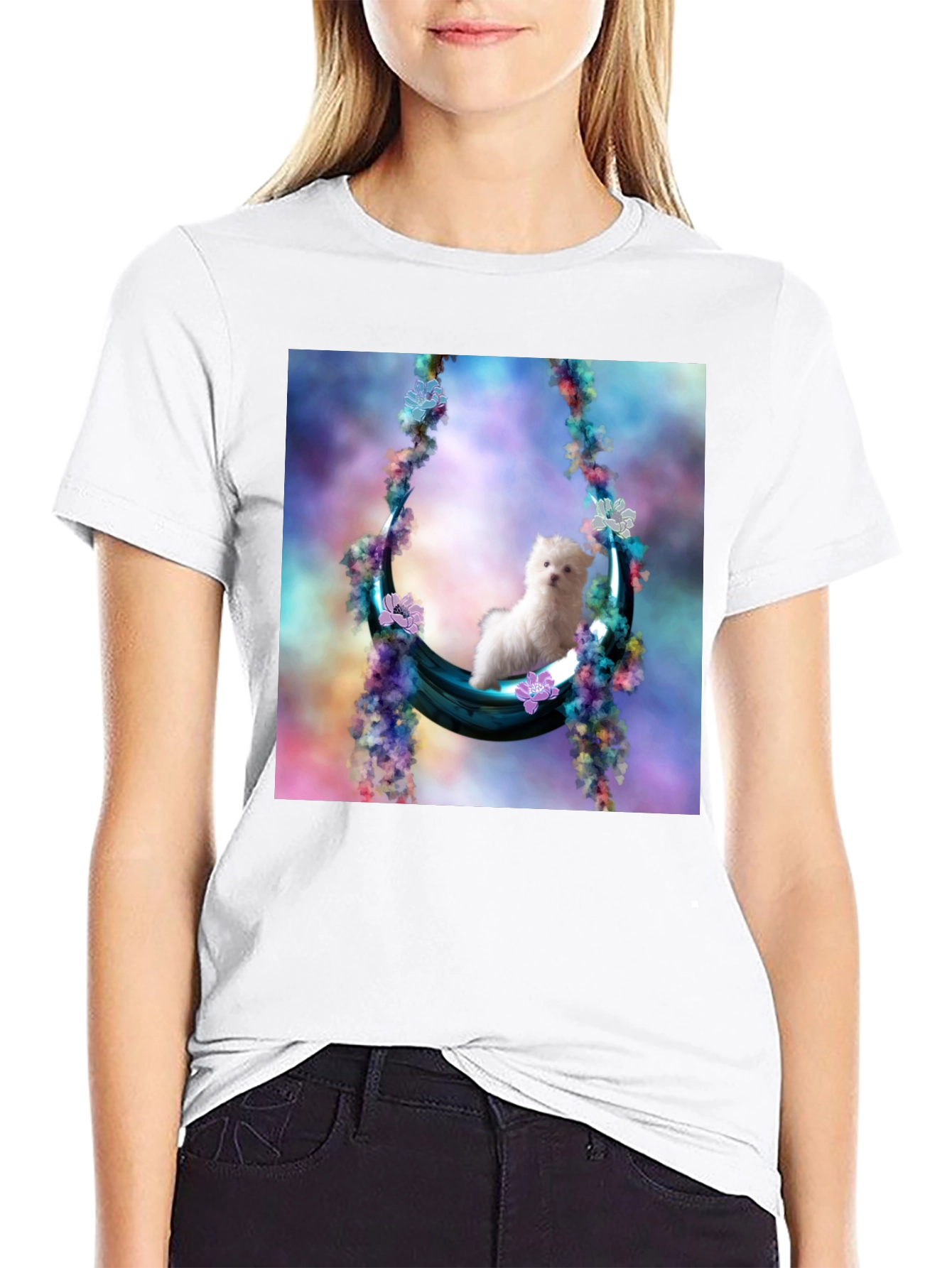 Cute Puppy in Floral Swing Black T-Shirt