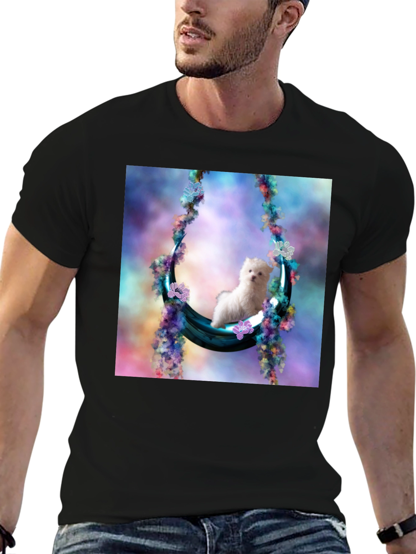 Cute Puppy in Floral Swing Black T-Shirt