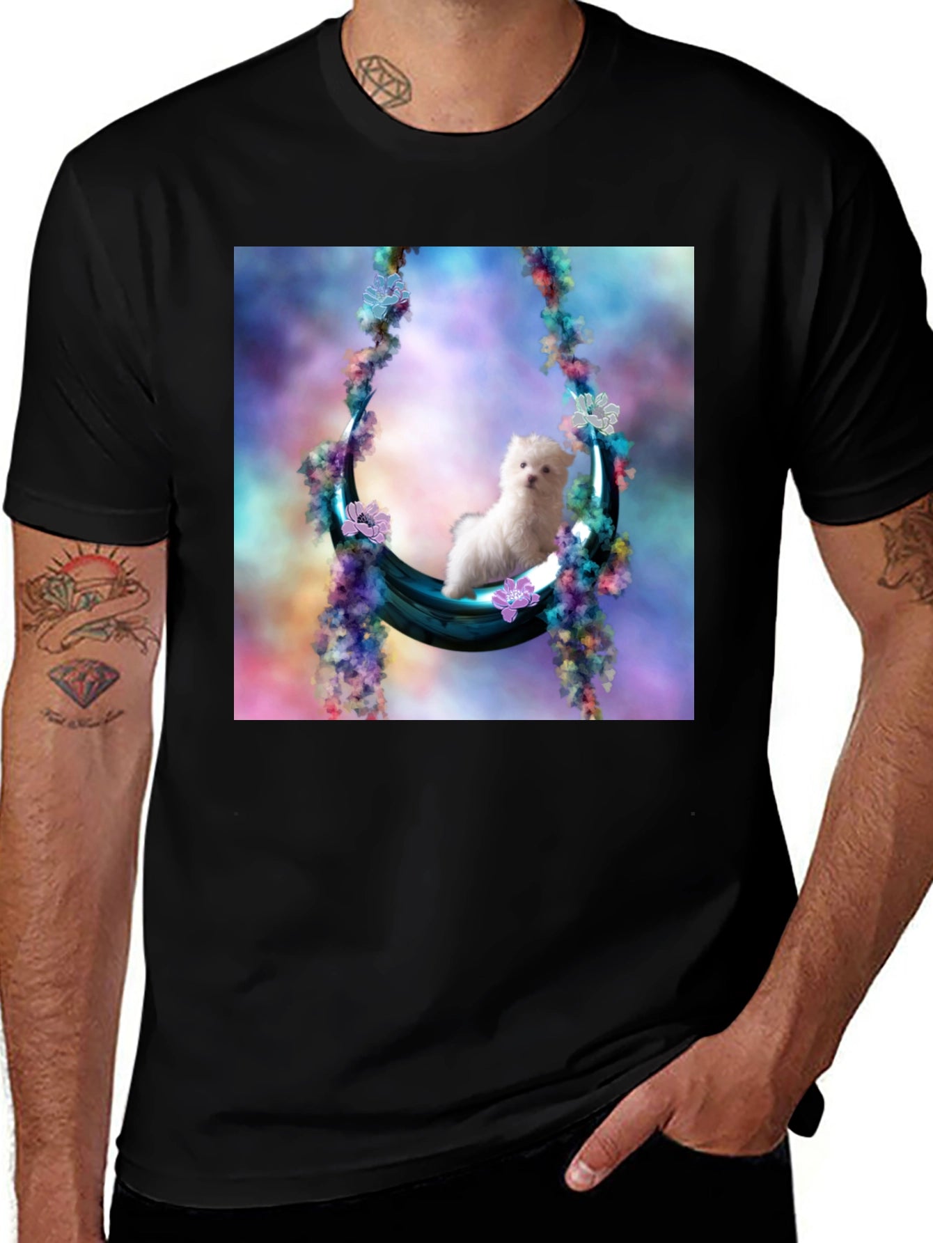 Cute Puppy in Floral Swing Black T-Shirt