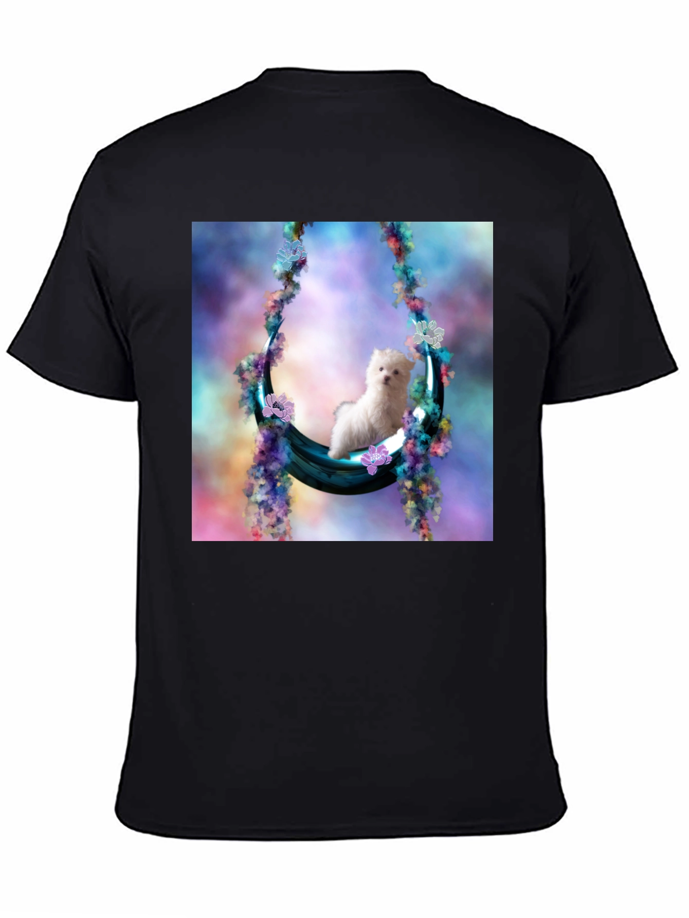 Cute Puppy in Floral Swing Black T-Shirt