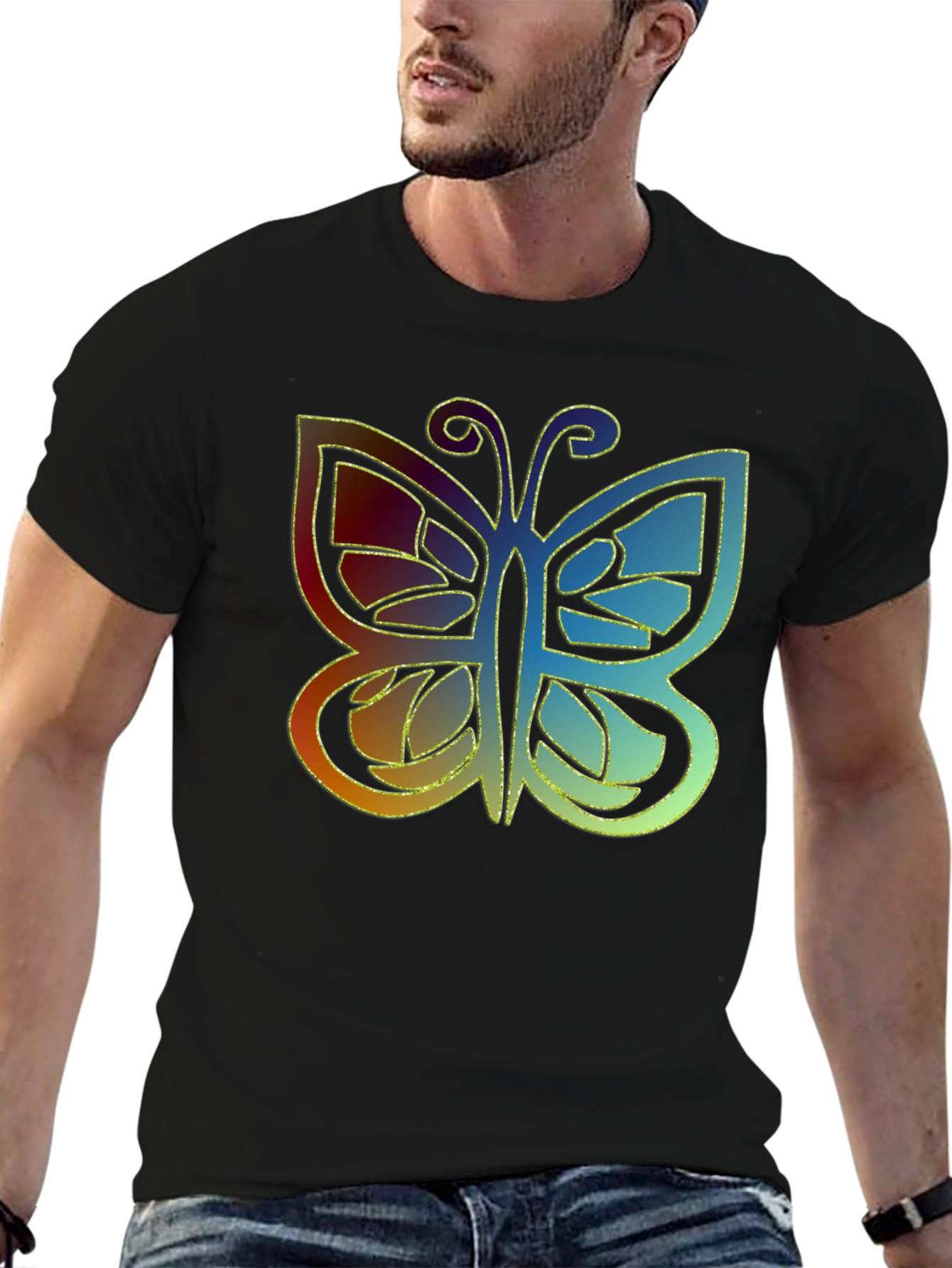 Butterfly Graphic Print Mens Black T-Shirt