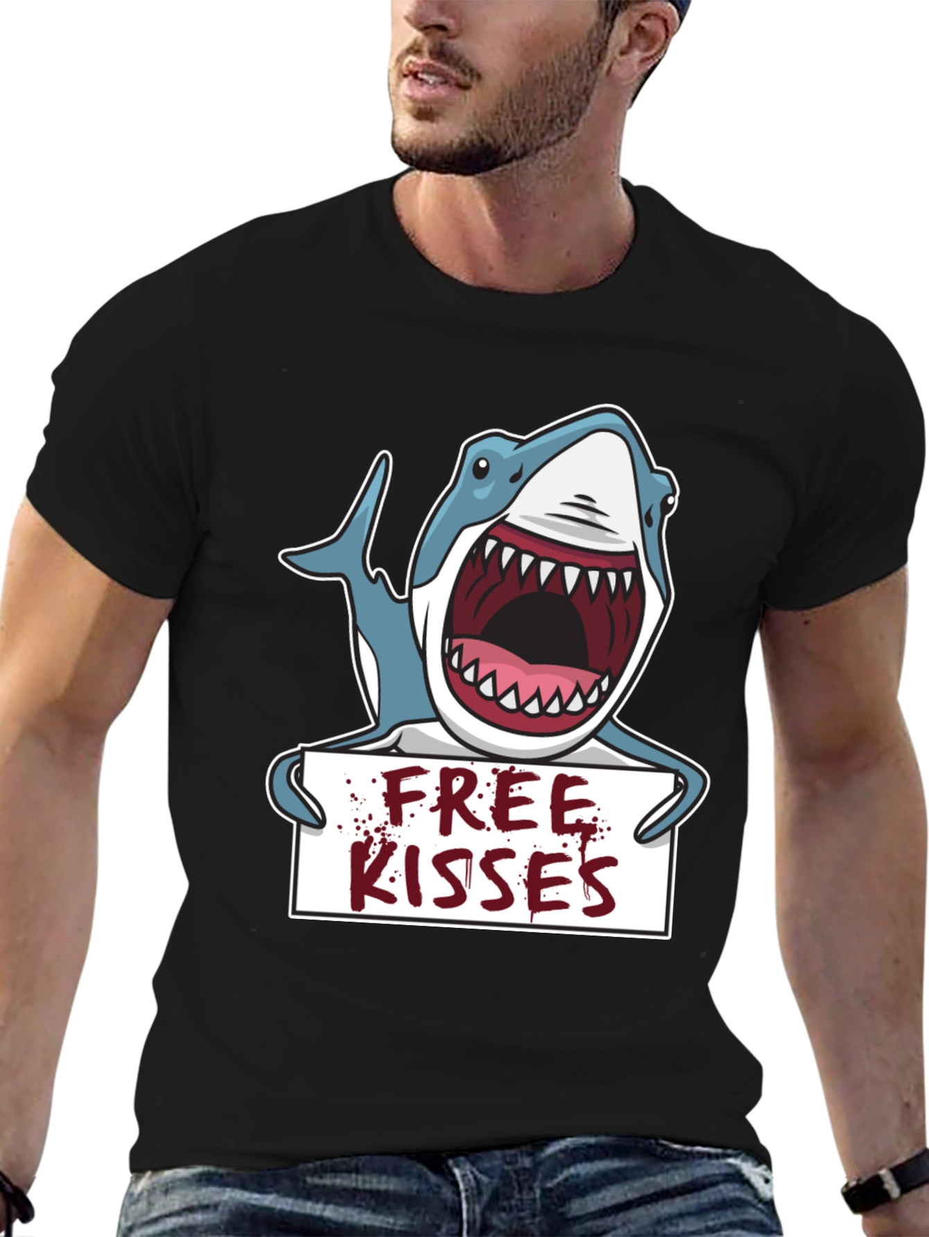 Free Kisses Shark Graphic Tee - Mens Black T-Shirt