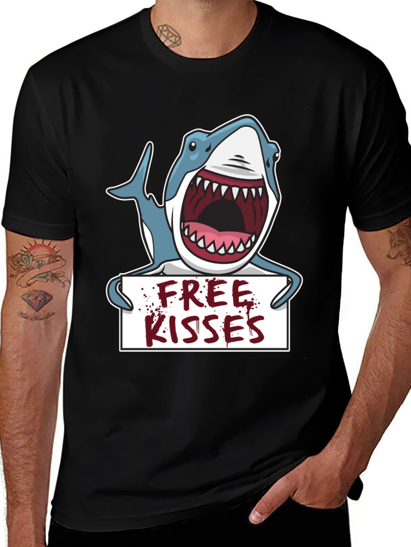 Free Kisses Shark Graphic Tee - Mens Black T-Shirt