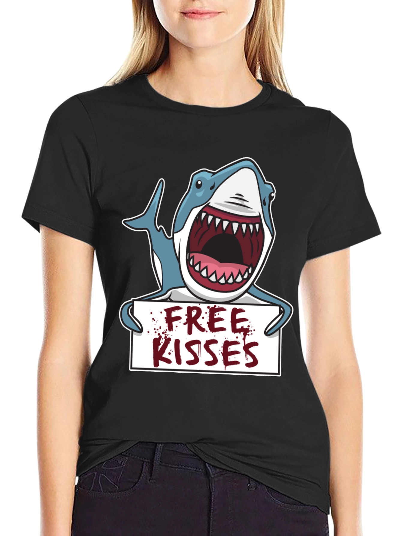 Free Kisses Shark Graphic Tee - Mens Black T-Shirt
