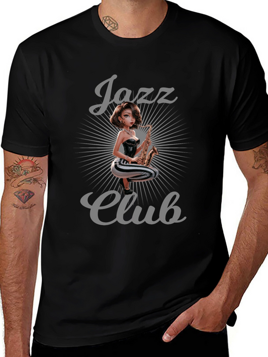 Jazz Club T-Shirt - Black Cotton Tee with Saxophone Graphic